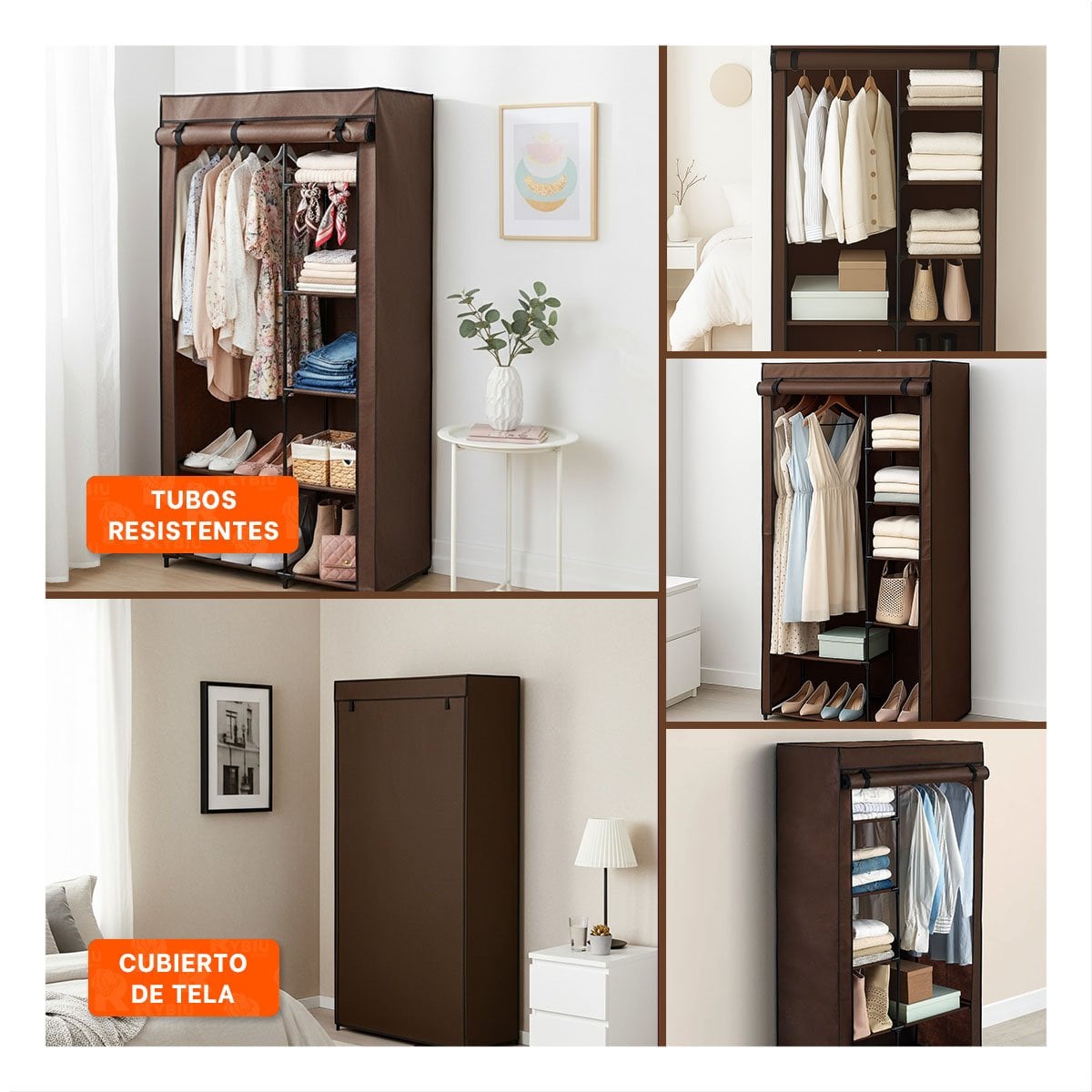 CLOSET MODERNO TEXTIL CON ESTRUCTURA METALICA MARRON PARA CASA 105X45X168CM Y+POST IT - 2