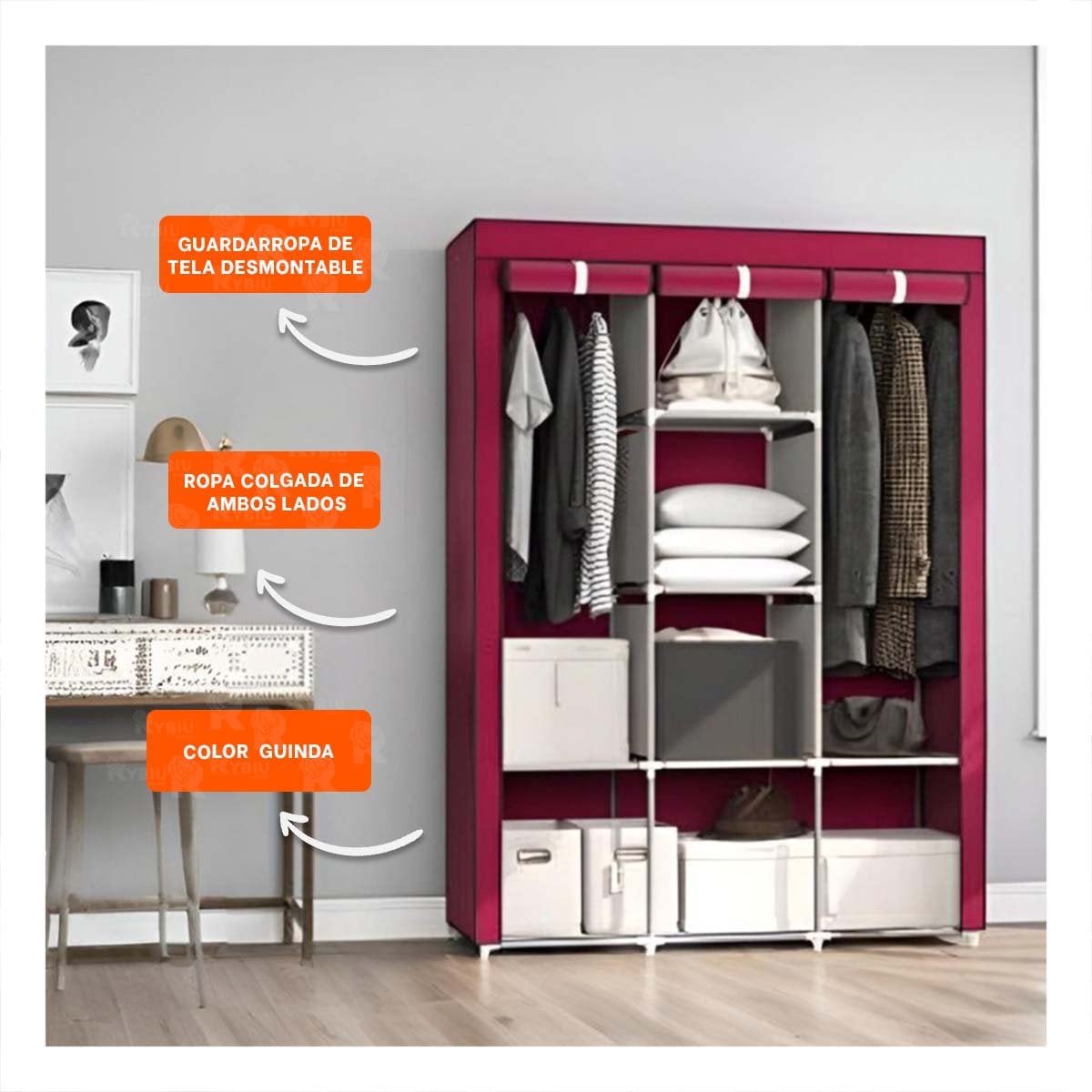 PACK6 ROPERO COMPACTO DE TELA CON ESTRUCTURA METALICA COLOR GUINDA 175X45X130CM - 2