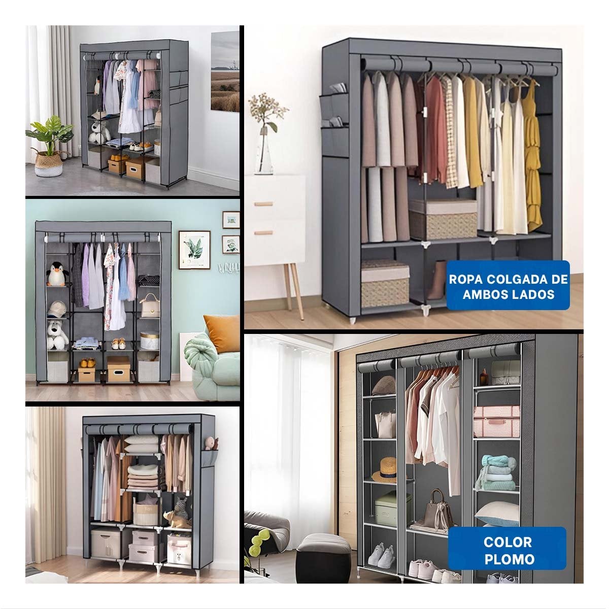 CLOSET MODERNO TEXTIL CON ESTRUCTURA METALICA PLOMO CASA 175X45X130CM Y+POST IT - 2