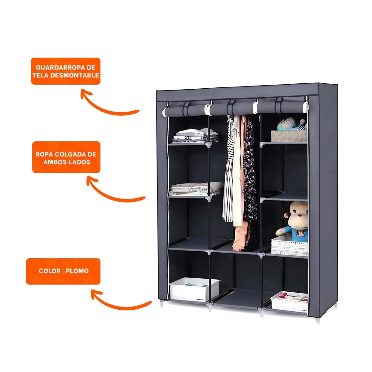 CLOSET MODERNO TEXTIL CON ESTRUCTURA METALICA PLOMO CASA 175X45X130CM Y+POST IT - 5