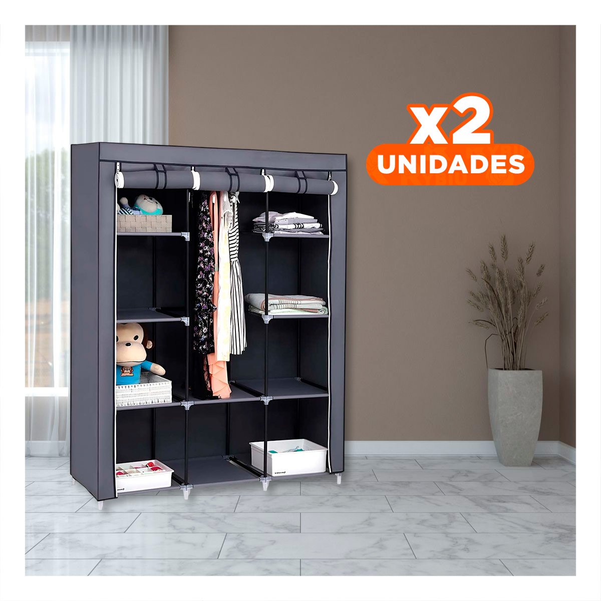 PACK2 ORGANIZADOR DE ROPA EN TELA CON SOPORTE METALICO PLOMO 175X45X130CM Y+PAPEL REGALO - 1