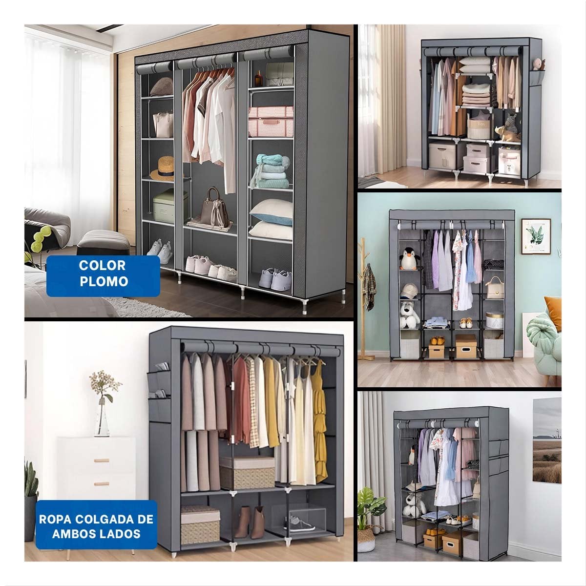 PACK2 ORGANIZADOR DE ROPA EN TELA CON SOPORTE METALICO PLOMO 175X45X130CM Y+PAPEL REGALO - 3