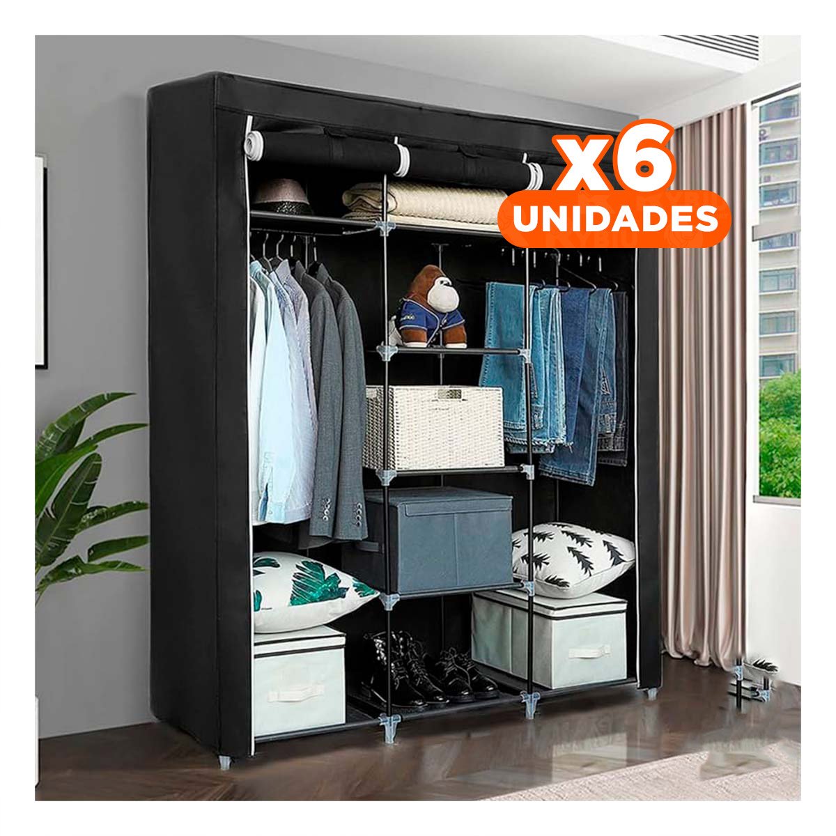 PACK6 ROPERO ELEGANTE DE TELA CON ESTRUCTURA METALICA COLOR NEGRO 175X45X130CM Y+PAPEL REGALO - 1