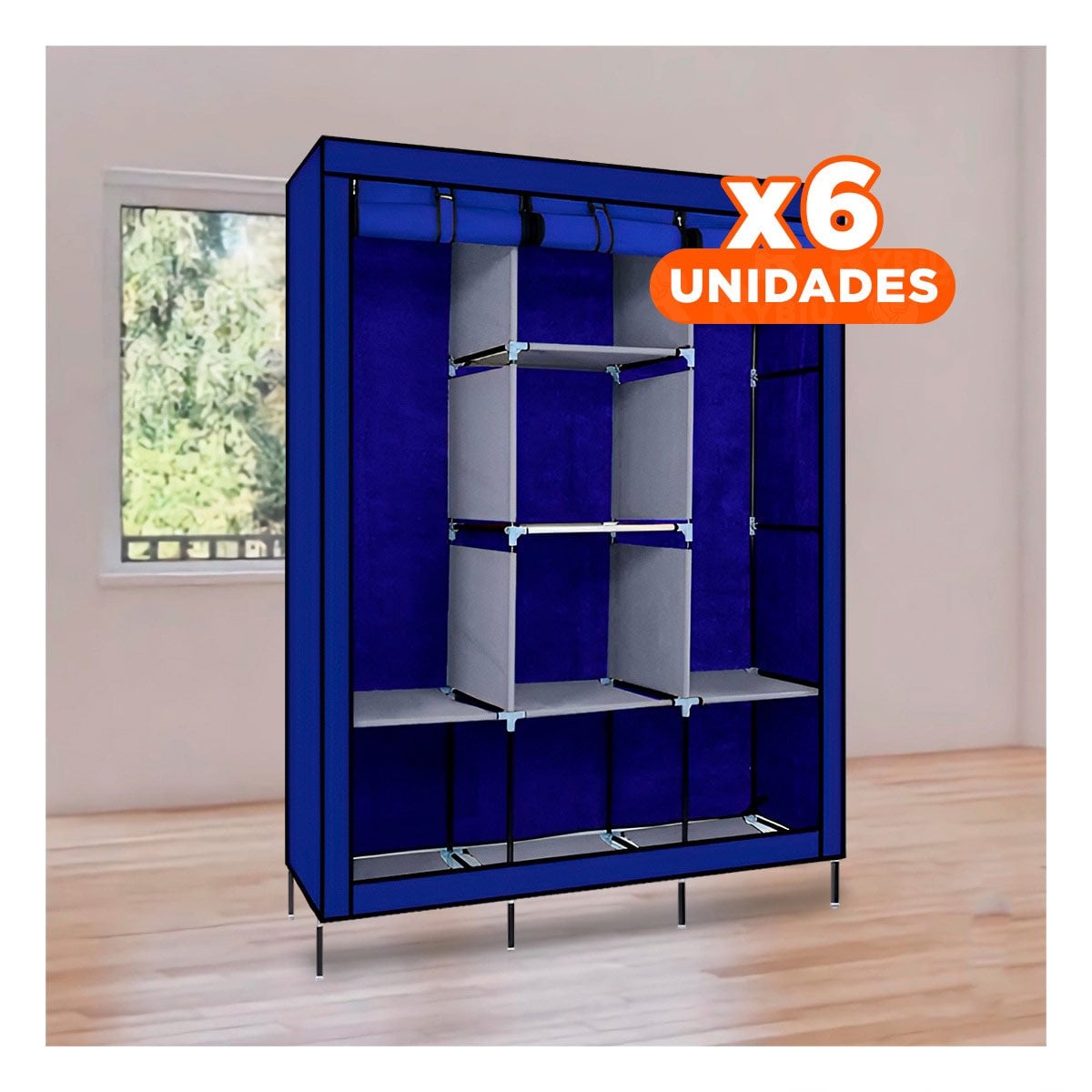 PACK6 ROPERO ELEGANTE DE TELA CON ESTRUCTURA METALICA AZUL 175X45X130CM Y+PAPEL REGALO - 1