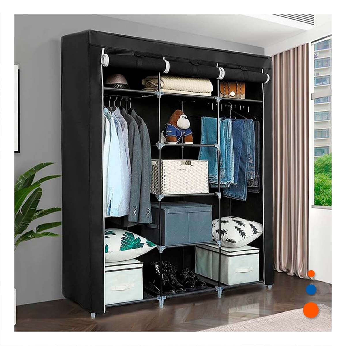 CLOSET MODERNO TEXTIL CON ESTRUCTURA METALICA NEGRO PARA CASA 175X45X130CM Y+POST IT - 1