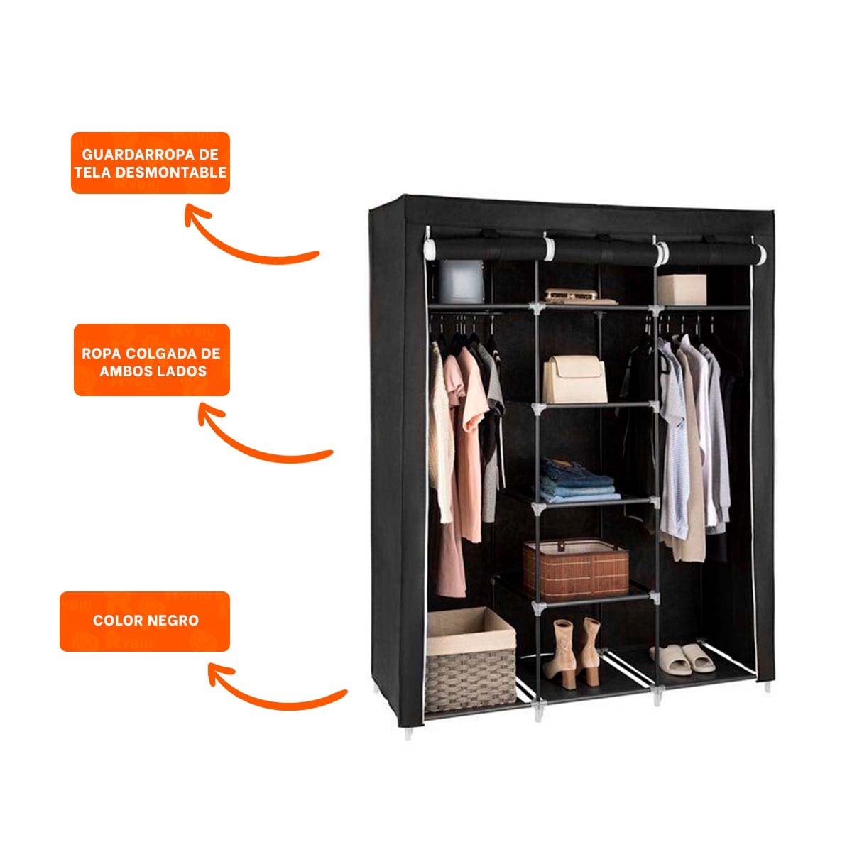CLOSET MODERNO TEXTIL CON ESTRUCTURA METALICA NEGRO PARA CASA 175X45X130CM Y+POST IT - 5