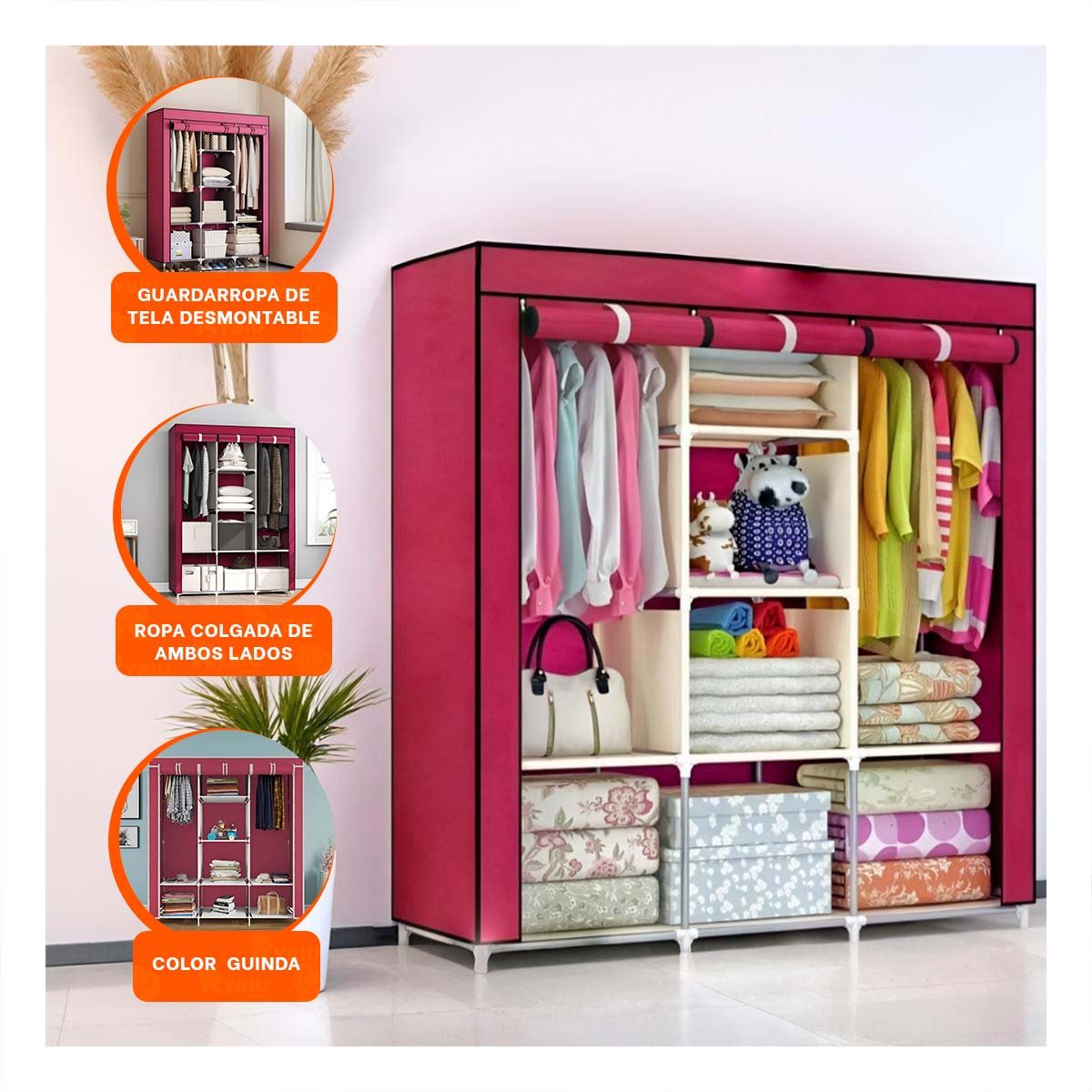 PACK4 ROPERO AMPLIO DE TELA CON ESTRUCTURA METALICA GUINDA HOGAR 175X45X130CM Y+REGALO STICKER - 5