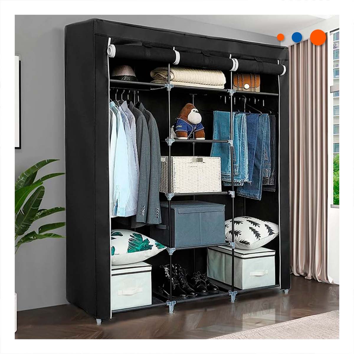 PACK6 ROPERO COMPACTO DE TELA CON ESTRUCTURA METALICA COLOR NEGRO 175X45X130CM - 5
