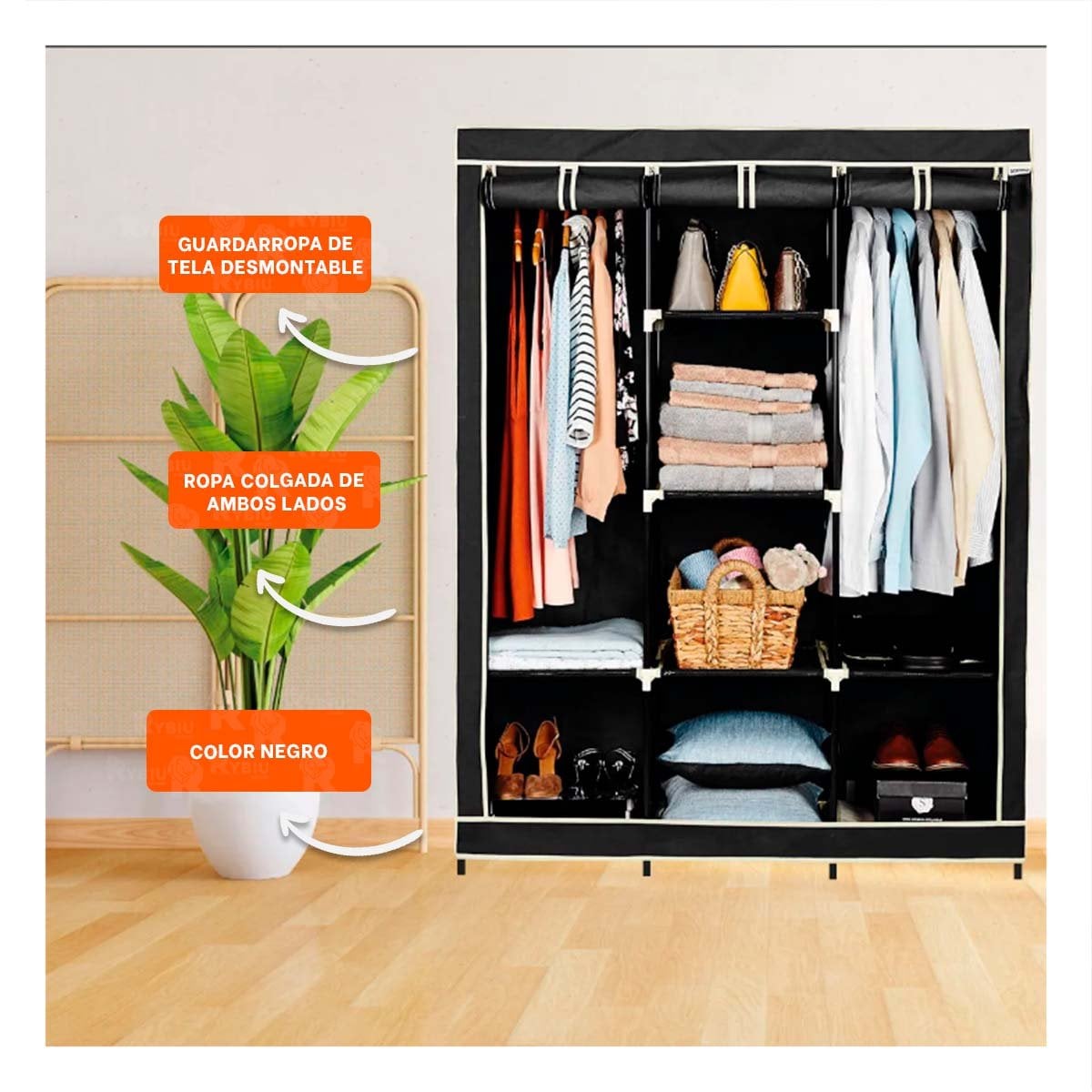 CLOSET ELEGANTE TEXTIL CON BASE METALICA FIRME NEGRO HOGAR 175X45X130CM Y+PAPEL REGALO - 2