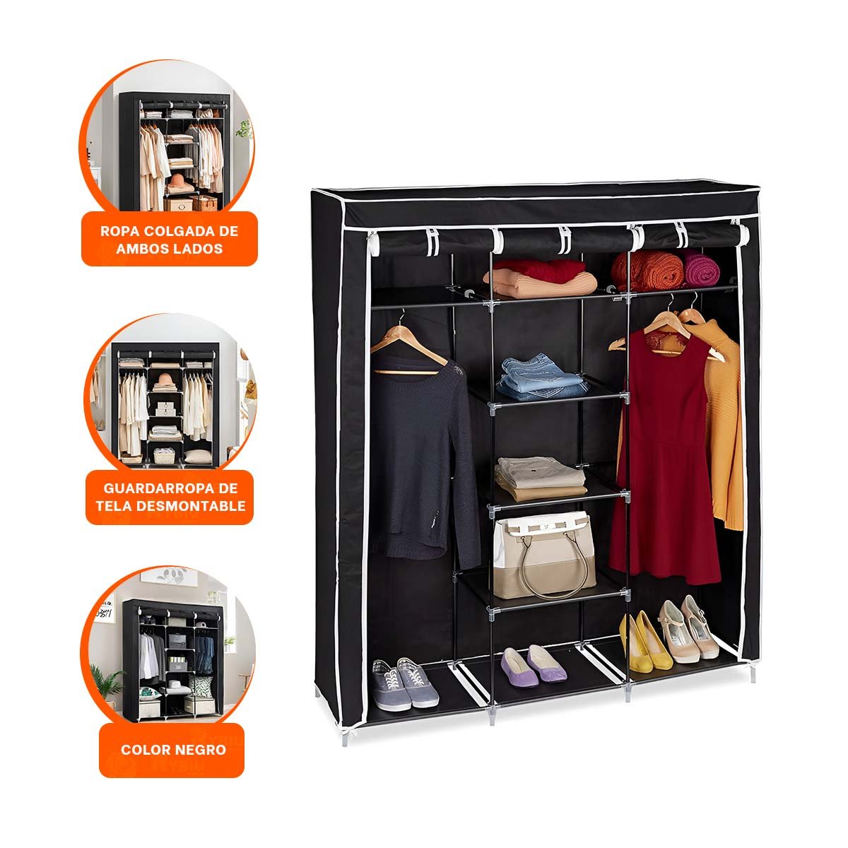 CLOSET ELEGANTE TEXTIL CON BASE METALICA FIRME NEGRO HOGAR 175X45X130CM Y+PAPEL REGALO - 5