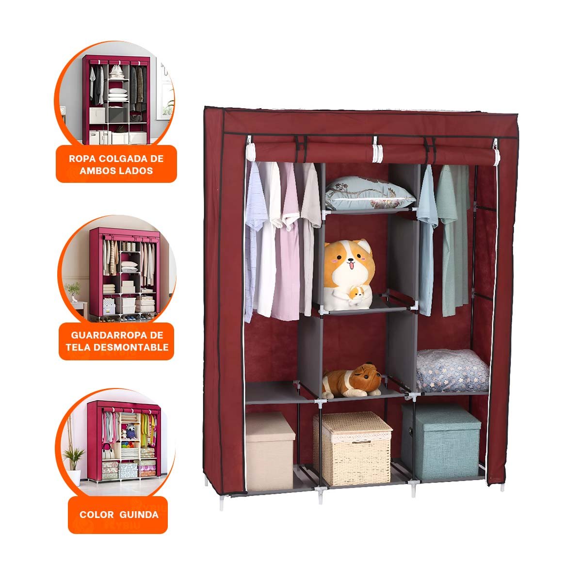 CLOSET ELEGANTE TEXTIL CON BASE METALICA FIRME GUINDA HOGAR 175X45X130CM Y+PAPEL REGALO - 5