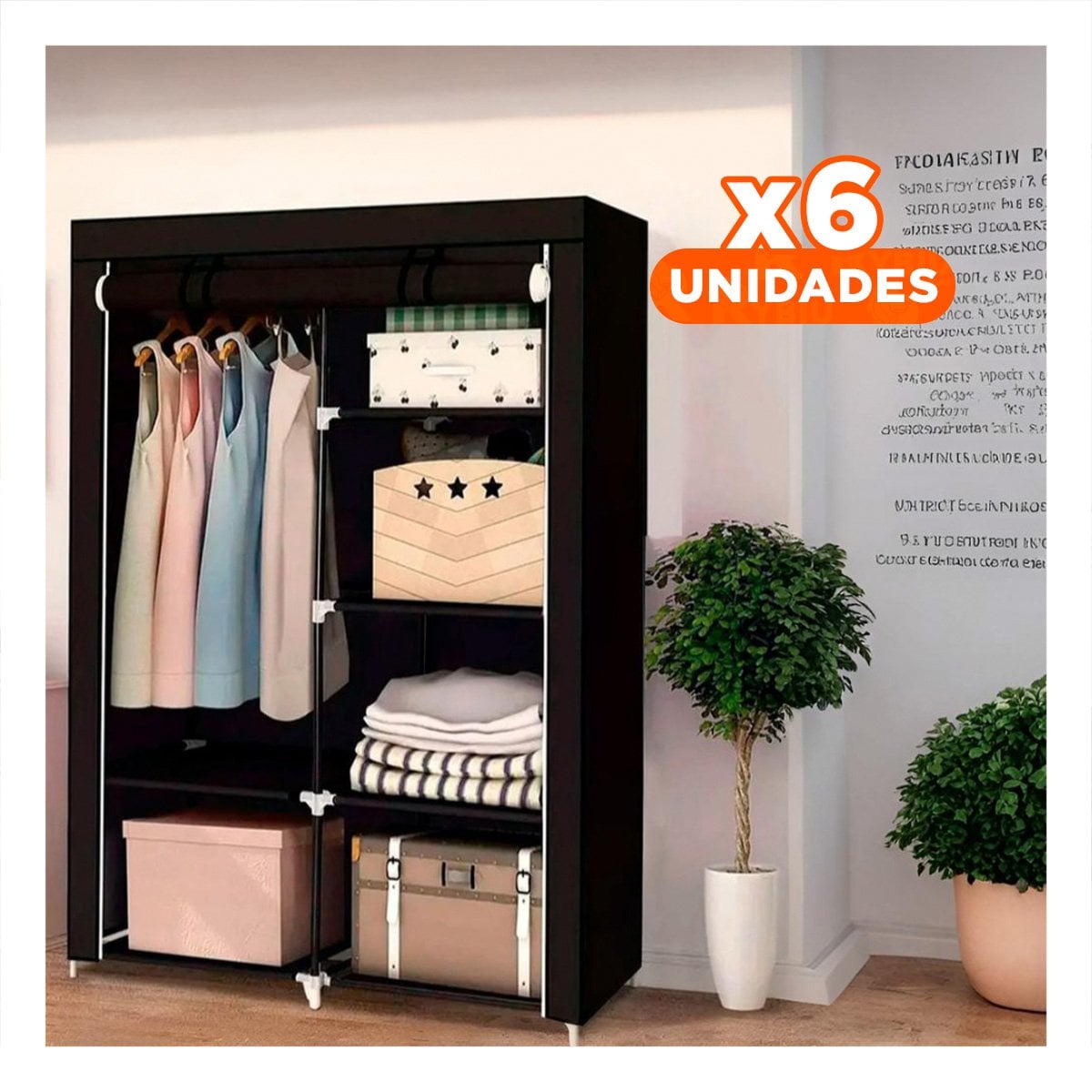 PACK6 ORGANIZADOR DE TELA CON ESTRUCTURA DE METAL 105X45X168CM NEGRO RESISTENTE Y+PAPEL REGALO - 1