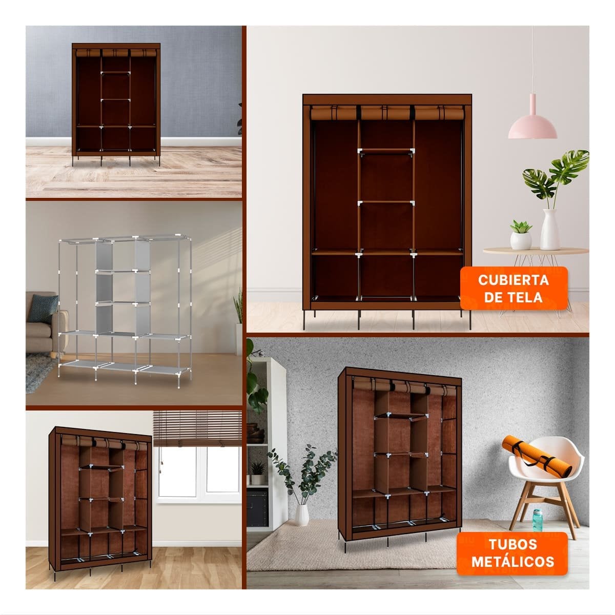 CLOSET MODERNO TEXTIL CON ESTRUCTURA METALICA MARRON CASA 175X45X130CM Y+POST IT - 2