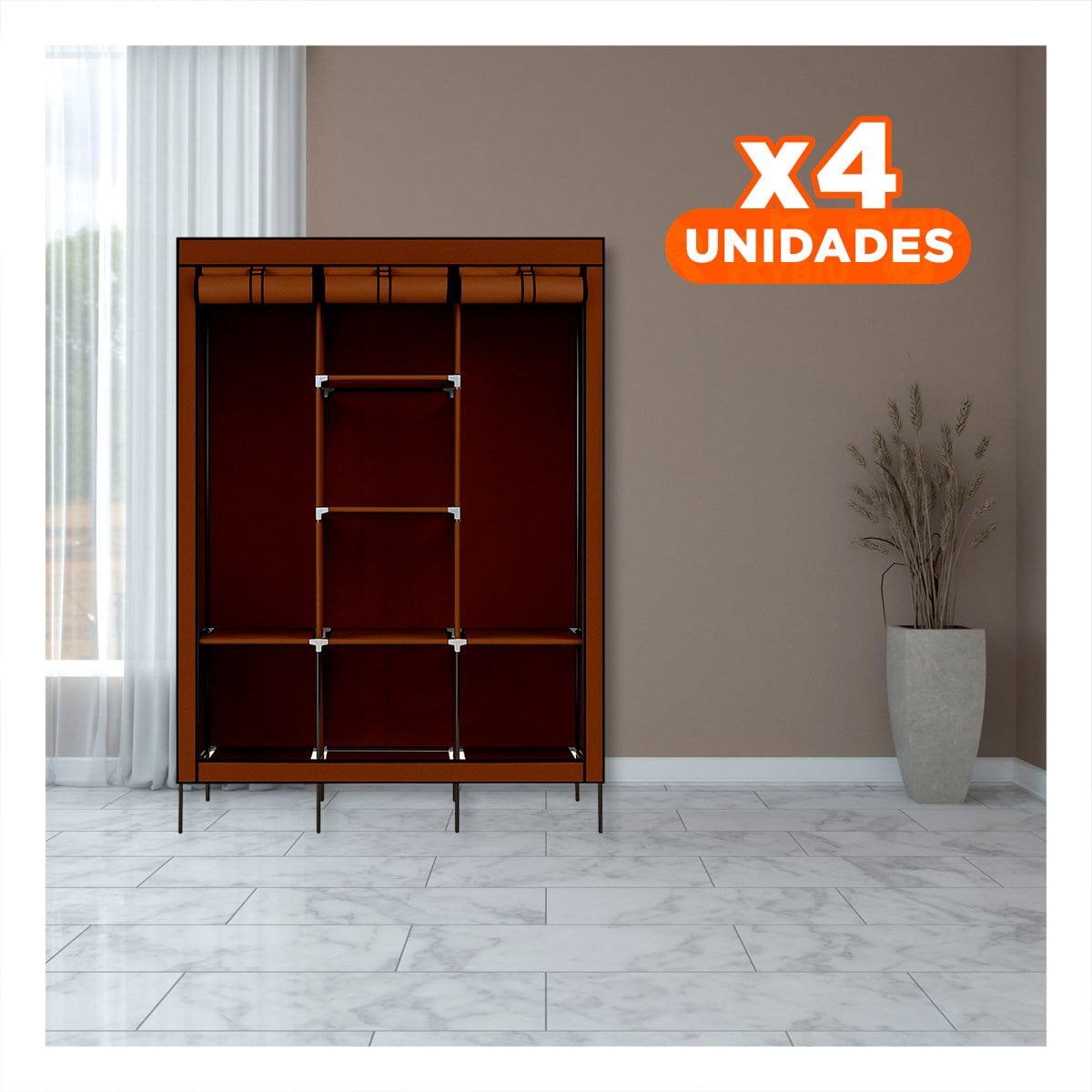 PACK4 ROPERO AMPLIO DE TELA CON ESTRUCTURA METALICA MARRON HOGAR 175X45X130CM Y+REGALO STICKER - 1