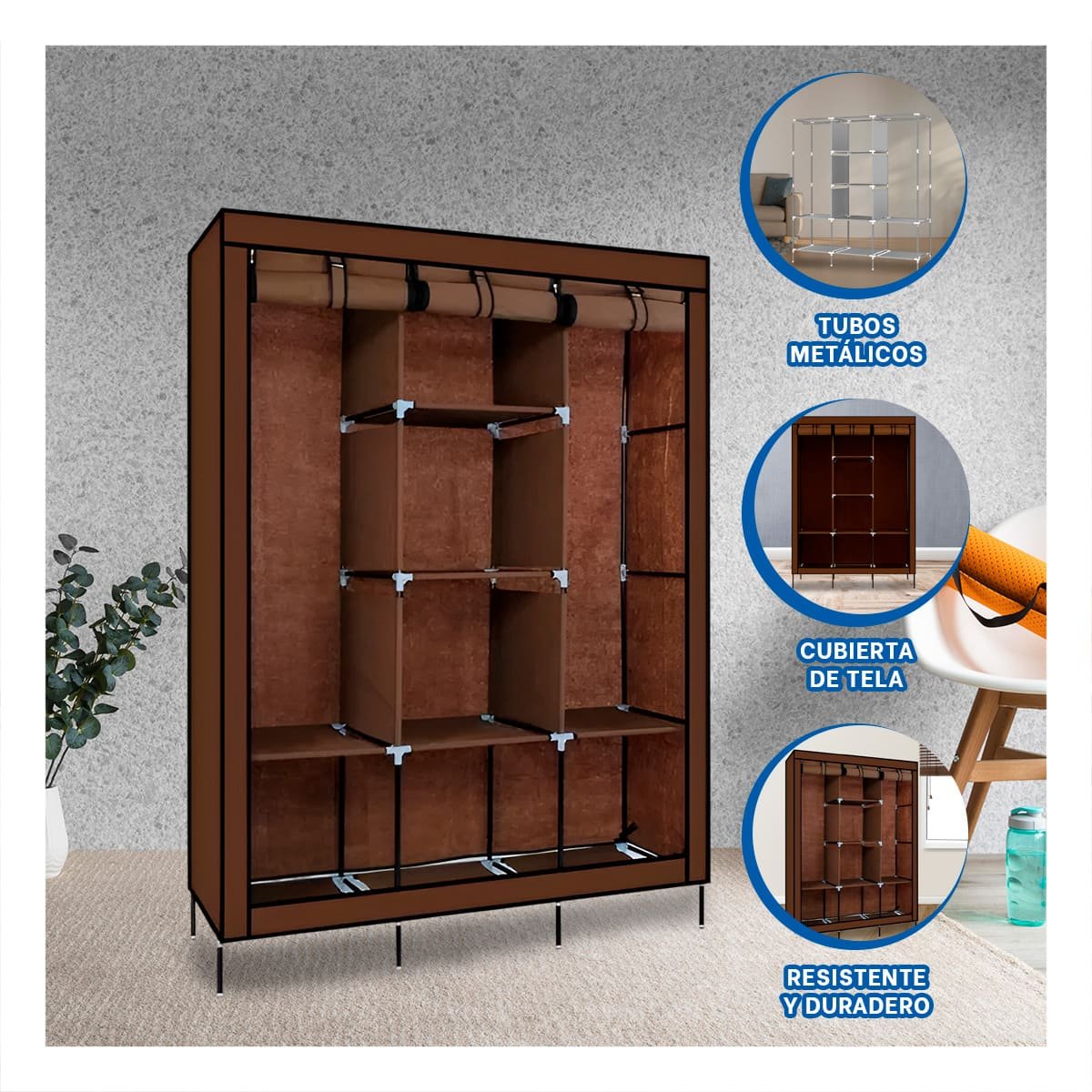 PACK4 ROPERO AMPLIO DE TELA CON ESTRUCTURA METALICA MARRON HOGAR 175X45X130CM Y+REGALO STICKER - 5