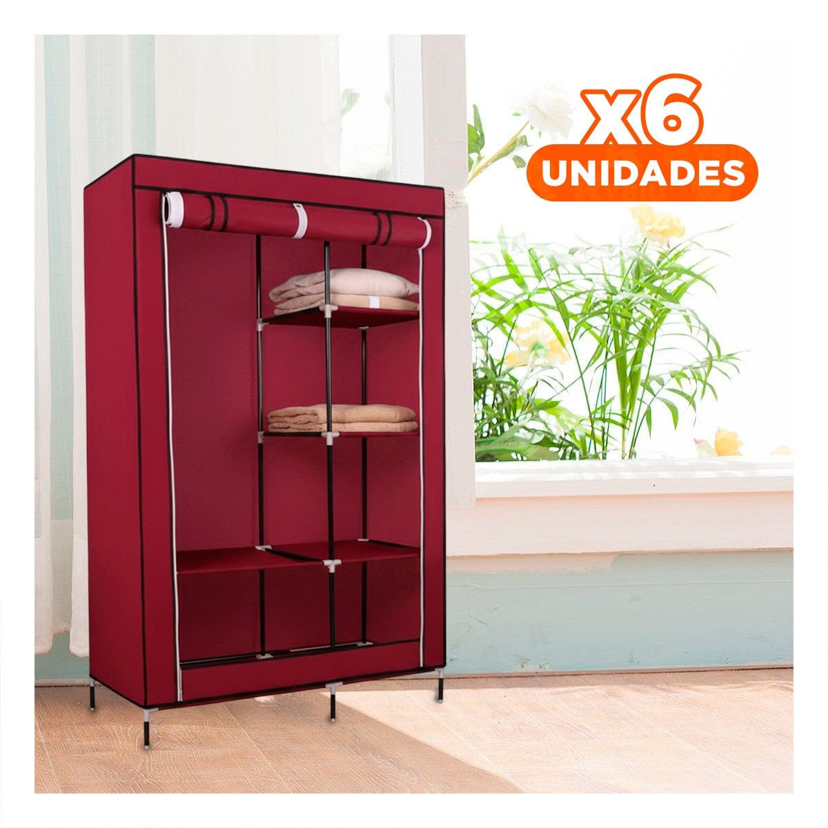 PACK6 ROPERO ELEGANTE DE TELA CON ESTRUCTURA METALICA COLOR GUINDA 105X45X168CM Y+PAPEL REGALO - 1