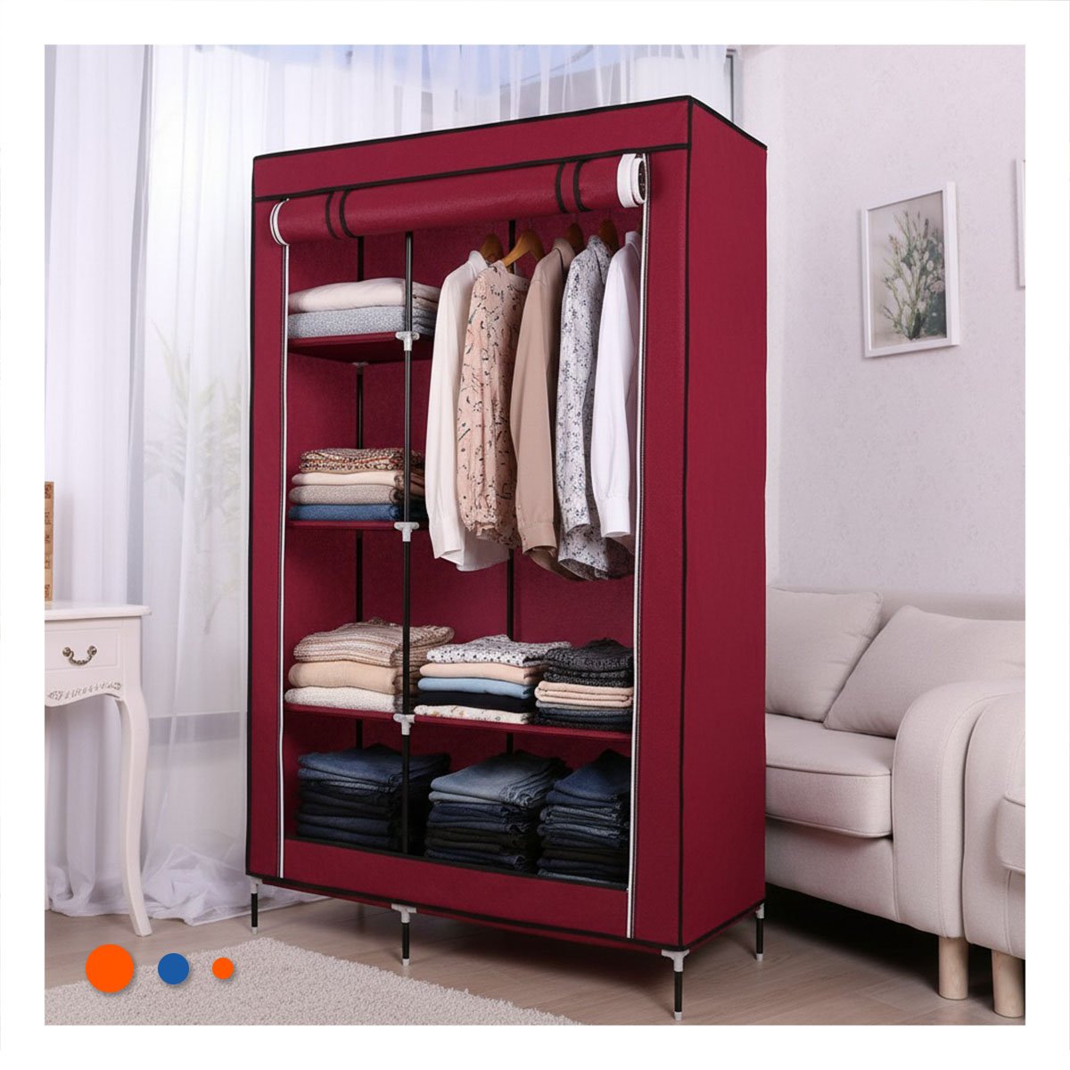 PACK6 ROPERO ELEGANTE DE TELA CON ESTRUCTURA METALICA COLOR GUINDA 105X45X168CM Y+PAPEL REGALO - 5