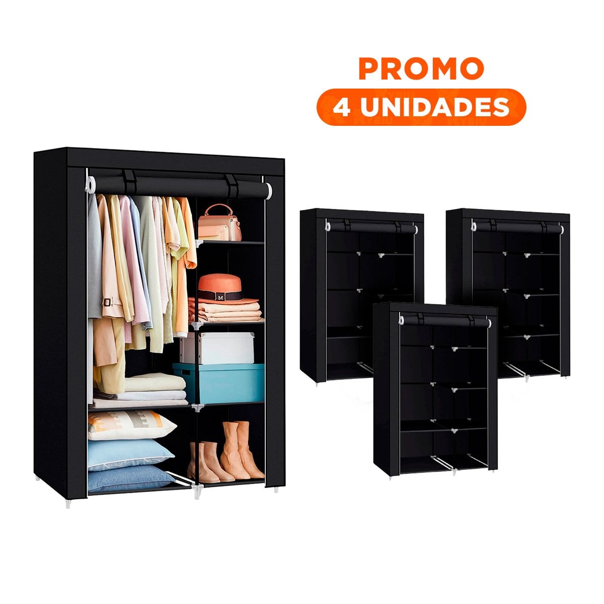 PACK4 VESTIDOR DE TELA CON ESTRUCTURA DE METAL 105X45X168CM NEGRO ORGANIZADOR PRO - 1
