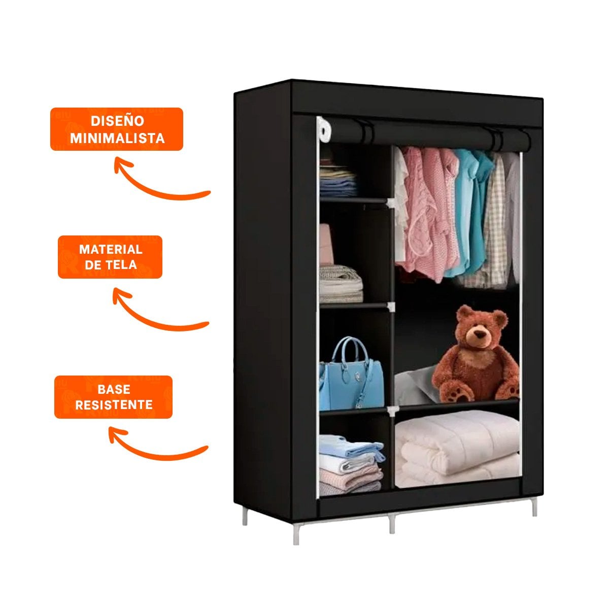 ROPERO DE TELA CON ESTRUCTURA DE METAL 105X45X168CM NEGRO DORMITORIO PLUS Y+POST IT - 5