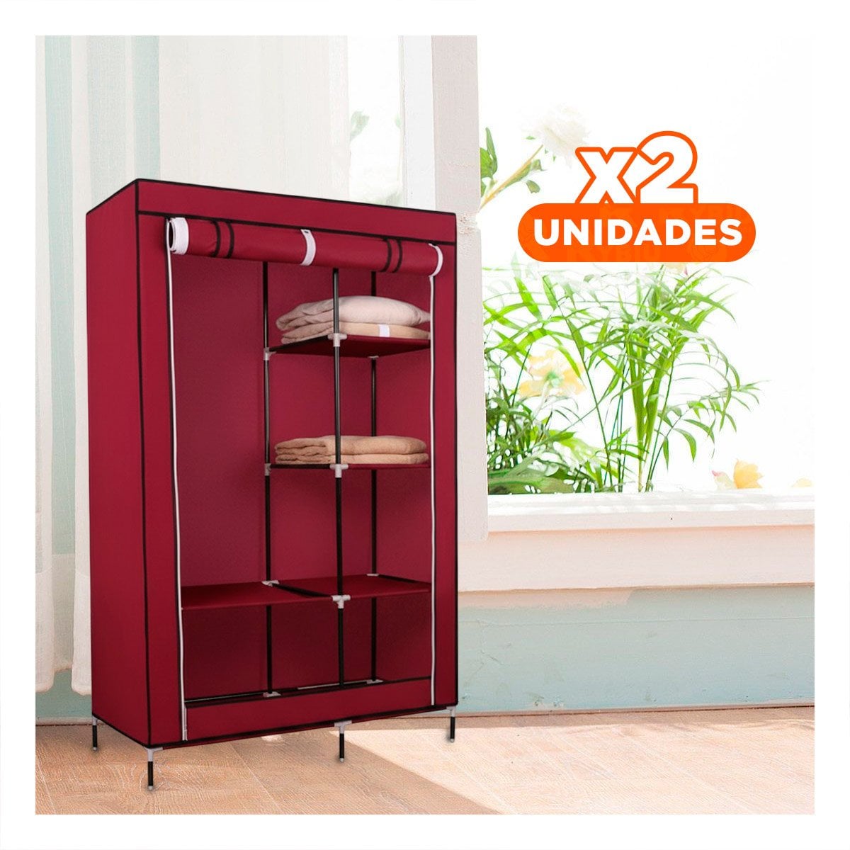 PACK2 ORGANIZADOR COMPACTO DE ROPA EN TELA CON SOPORTE GUINDA 105X45X168CM Y+PAPEL REGALO - 1