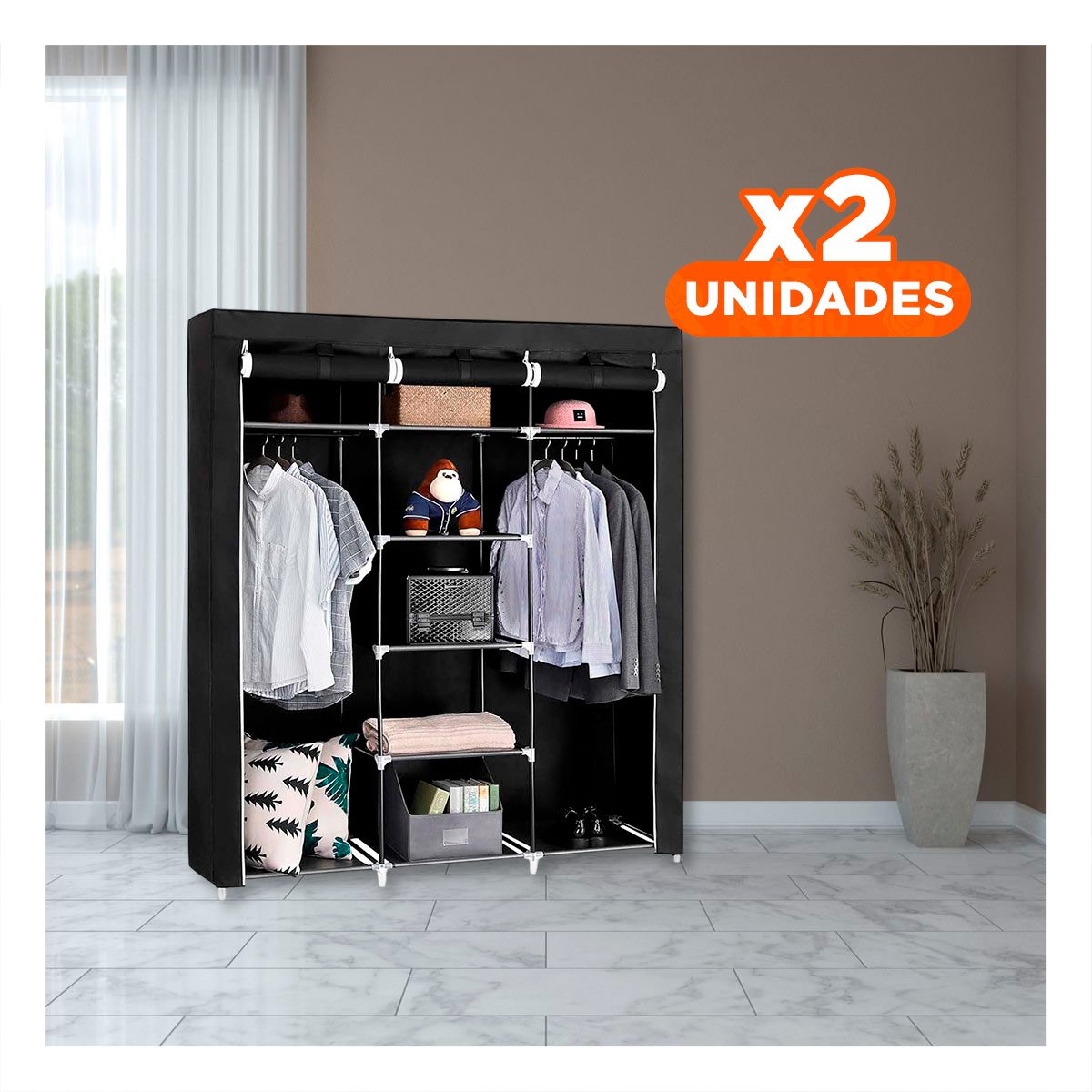 PACK2 ORGANIZADOR COMPACTO EN TELA CON SOPORTE METALICO NEGRO 175X45X130CM Y+PAPEL REGALO - 1
