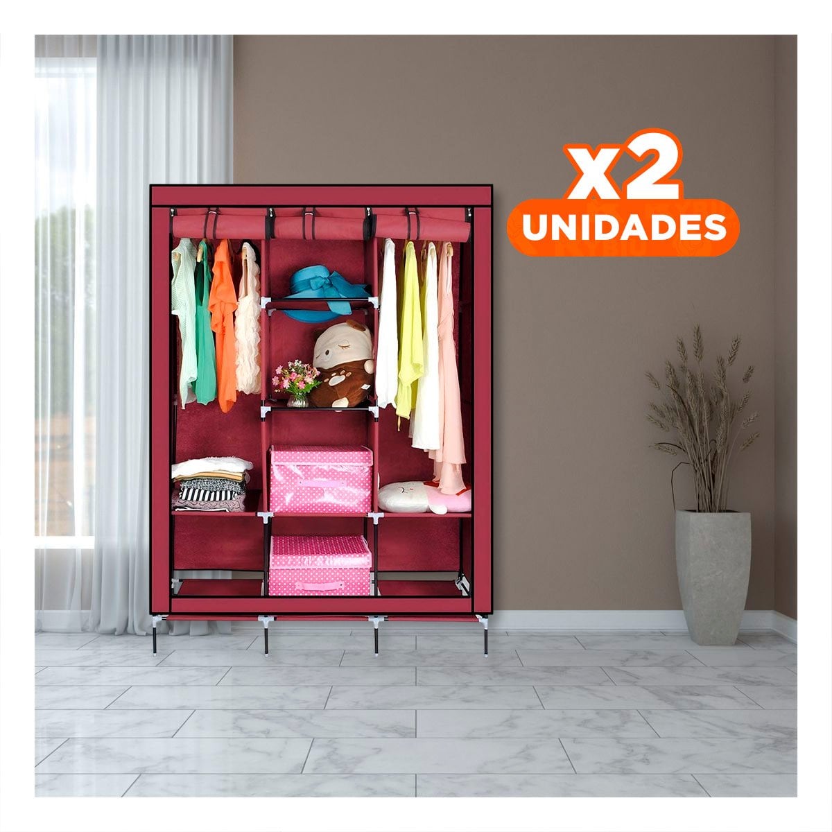 PACK2 ORGANIZADOR COMPACTO EN TELA CON SOPORTE METALICO GUINDA 175X45X130CM Y+PAPEL REGALO - 1