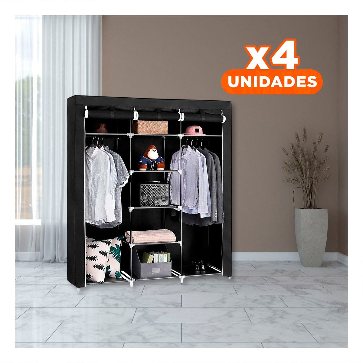 PACK4 ROPERO DE TELA CON ESTRUCTURA METALICA COLOR NEGRO HOGAR 175X45X130CM Y+REGALO STICKER - 1