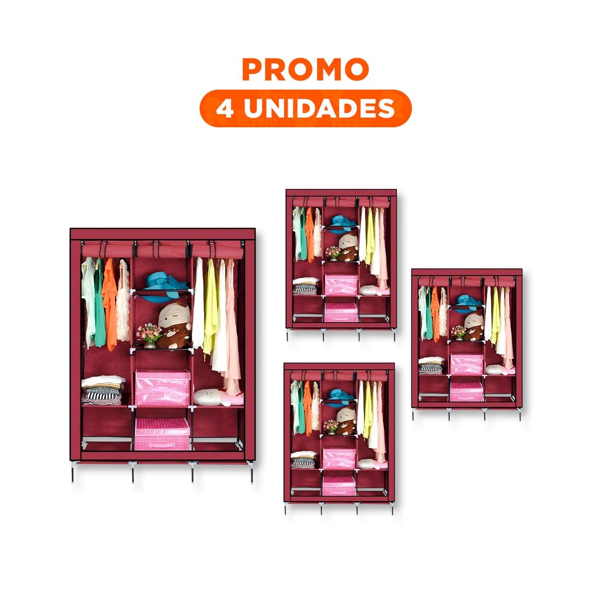 PACK4 ORGANIZADOR FUNCIONAL DE ROPA EN TELA CON BASE METALICA GUINDA 175X45X130CM - 1