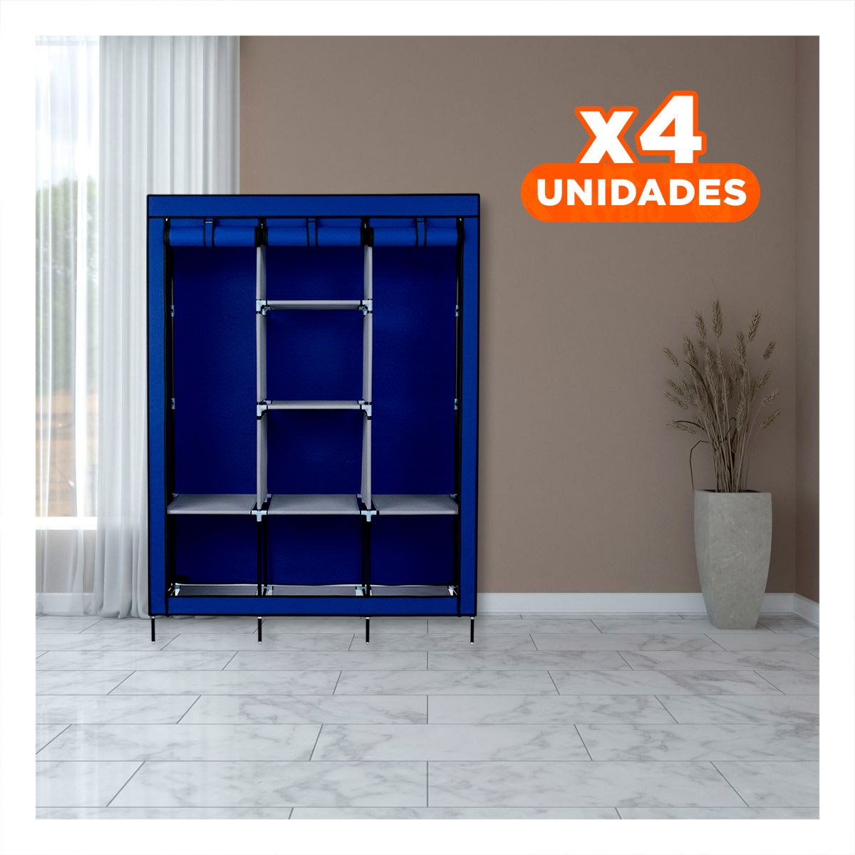 PACK4 ROPERO AMPLIO DE TELA CON ESTRUCTURA METALICA AZUL HOGAR 175X45X130CM Y+REGALO STICKER - 1