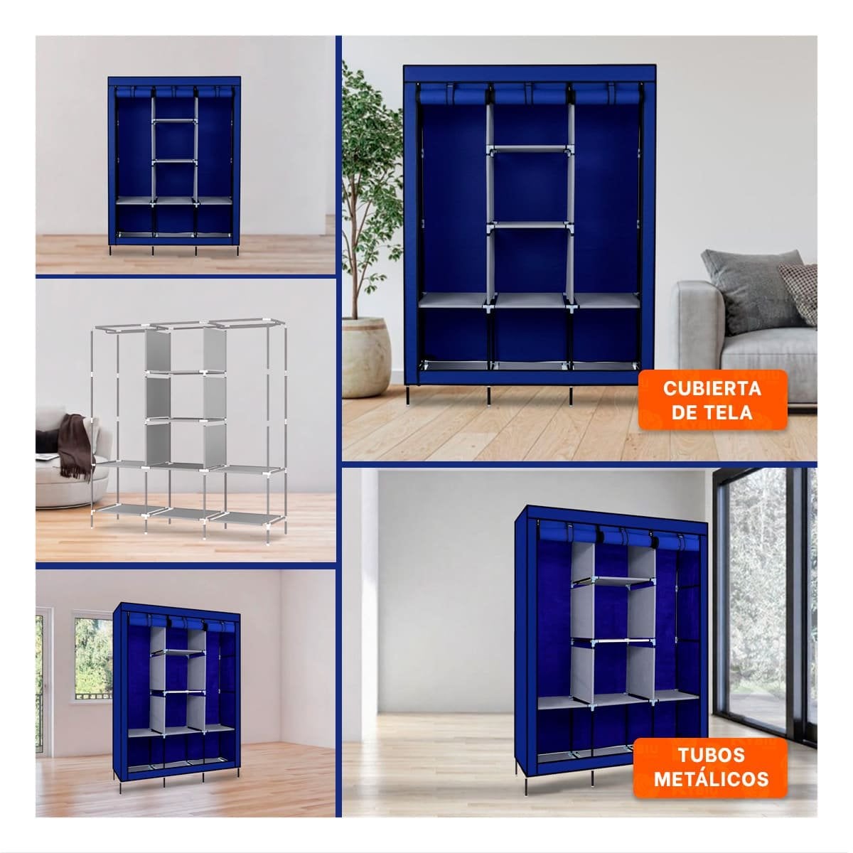 PACK4 ROPERO AMPLIO DE TELA CON ESTRUCTURA METALICA AZUL HOGAR 175X45X130CM Y+REGALO STICKER - 2