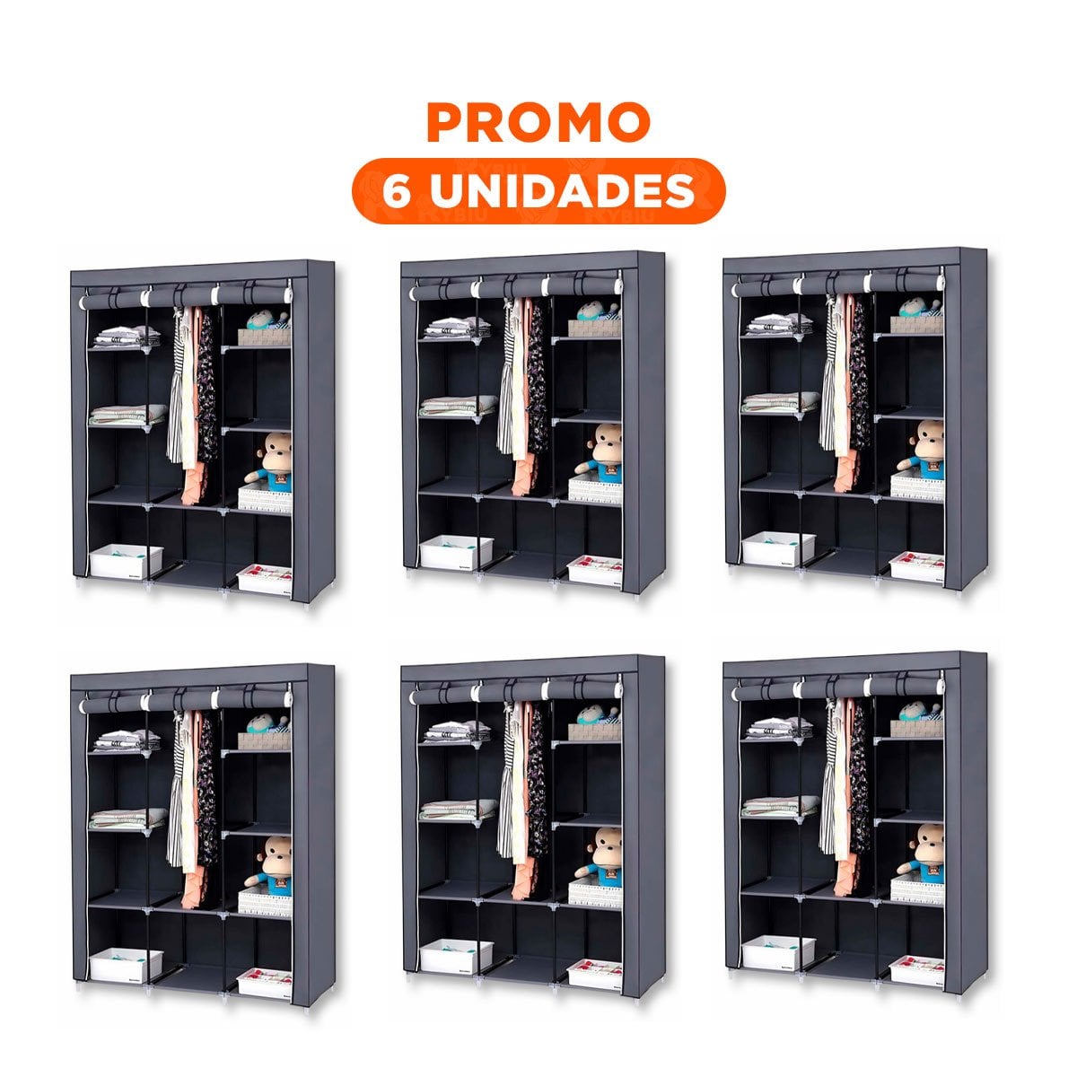 PACK6 ROPERO FUNCIONAL DE TELA CON ESTRUCTURA METALICA PLOMO 175X45X130CM Y+REGALO STICKER - 1