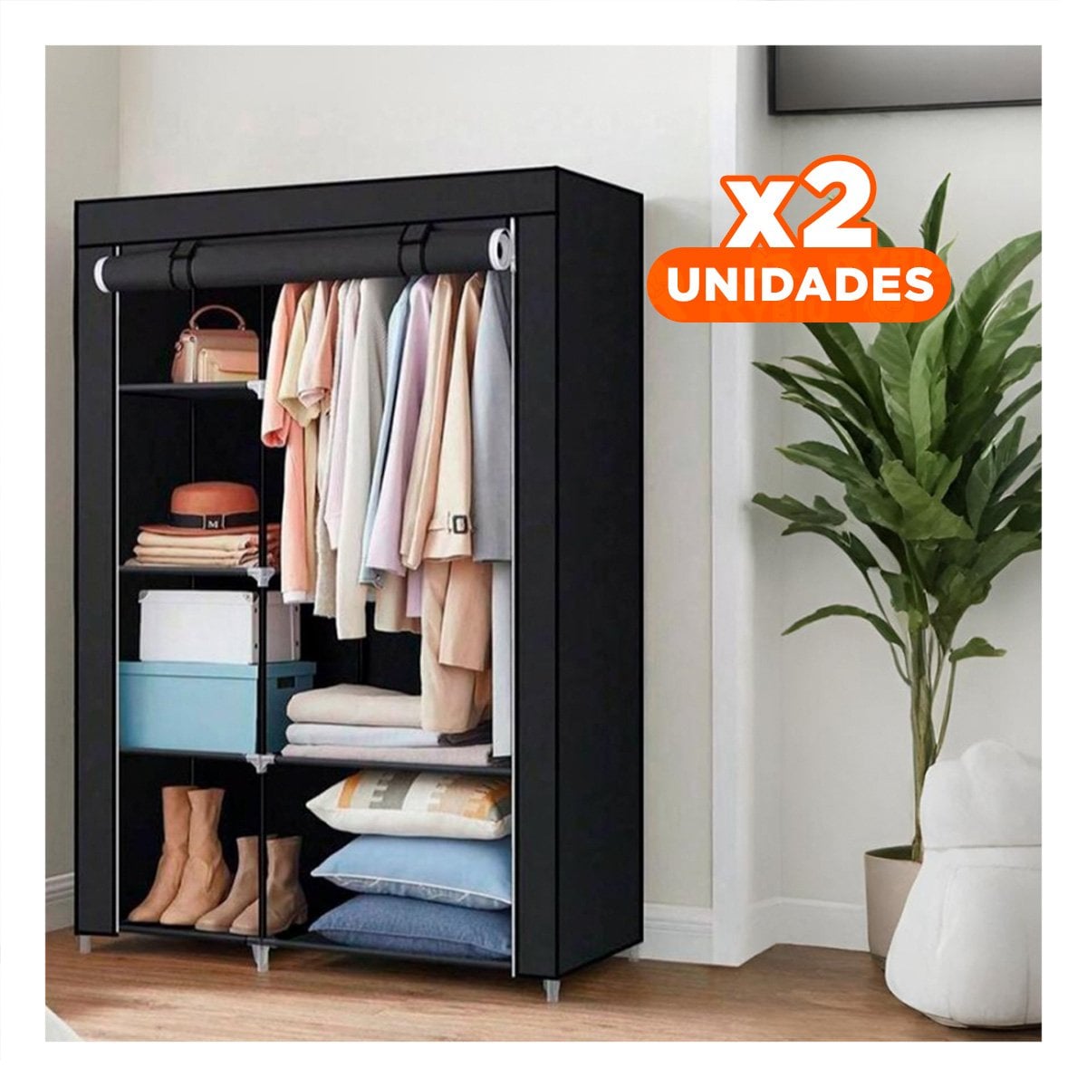 PACK2 VESTIDOR DE TELA CON ESTRUCTURA DE METAL 105X45X168CM NEGRO MULTIUSO PLUS - 1