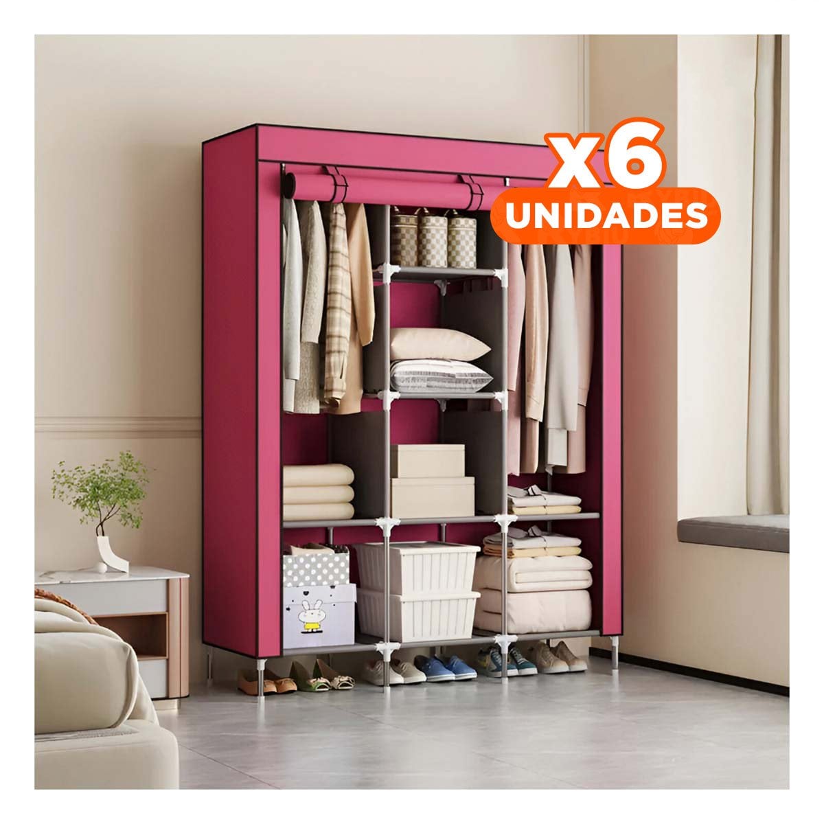 PACK6 ROPERO ELEGANTE DE TELA CON ESTRUCTURA METALICA COLOR GUINDA 175X45X130CM Y+PAPEL REGALO - 1