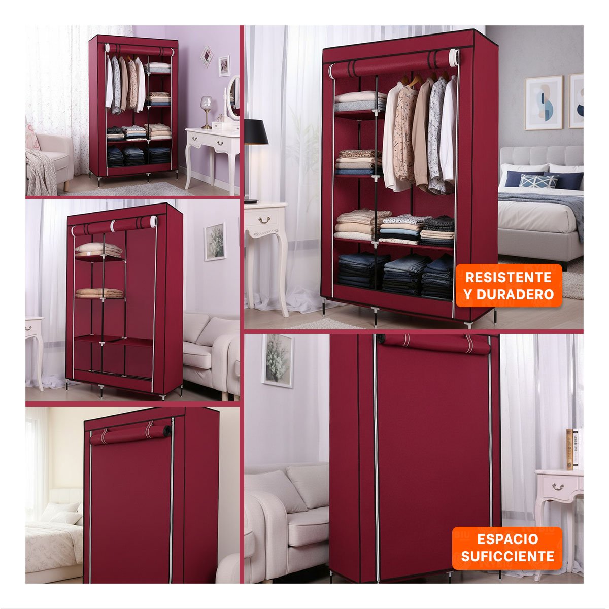 CLOSET COMPACTO TEXTIL CON BASE METALICA FIRME GUINDA HOGAR 105X45X168CM - 2
