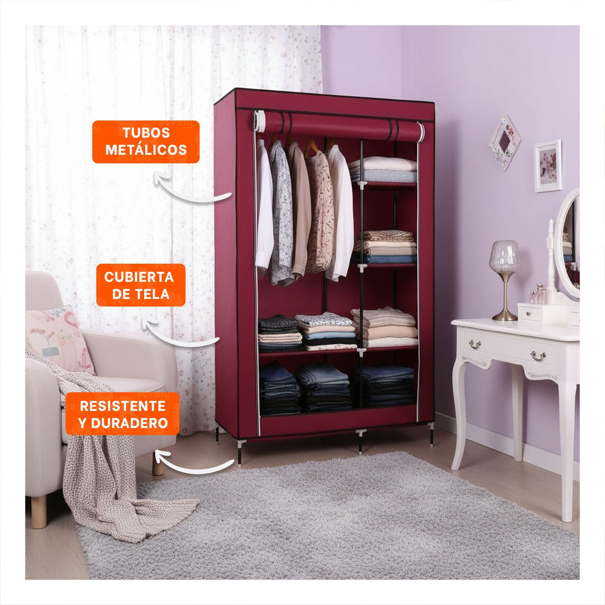 CLOSET COMPACTO TEXTIL CON BASE METALICA FIRME GUINDA HOGAR 105X45X168CM - 3