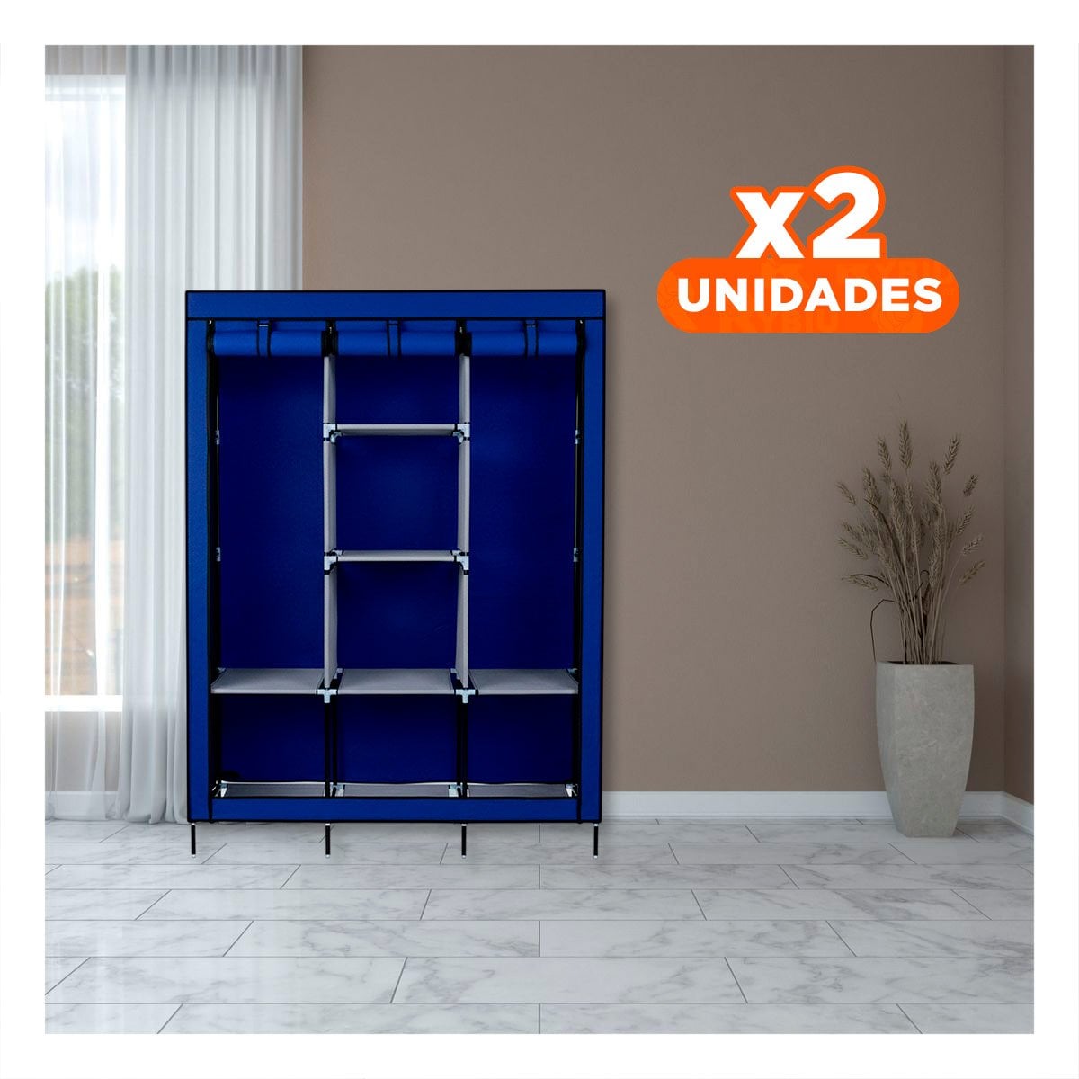 PACK2 ORGANIZADOR AMPLIO DE ROPA EN TELA CON BASE METALICA AZUL 175X45X130CM - 1