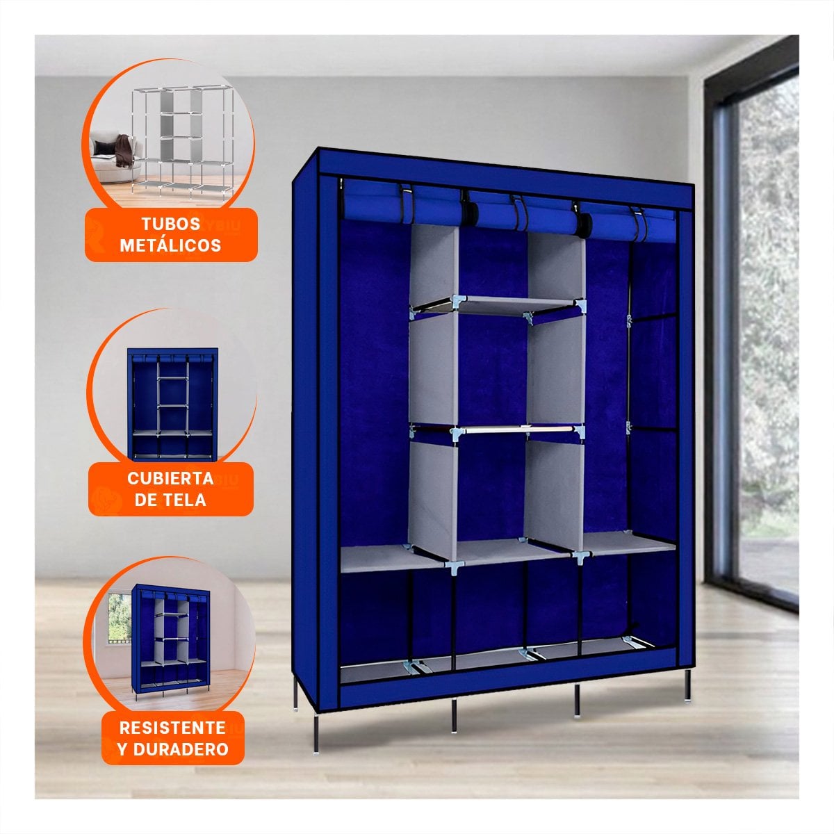 PACK2 ORGANIZADOR AMPLIO DE ROPA EN TELA CON BASE METALICA AZUL 175X45X130CM - 5