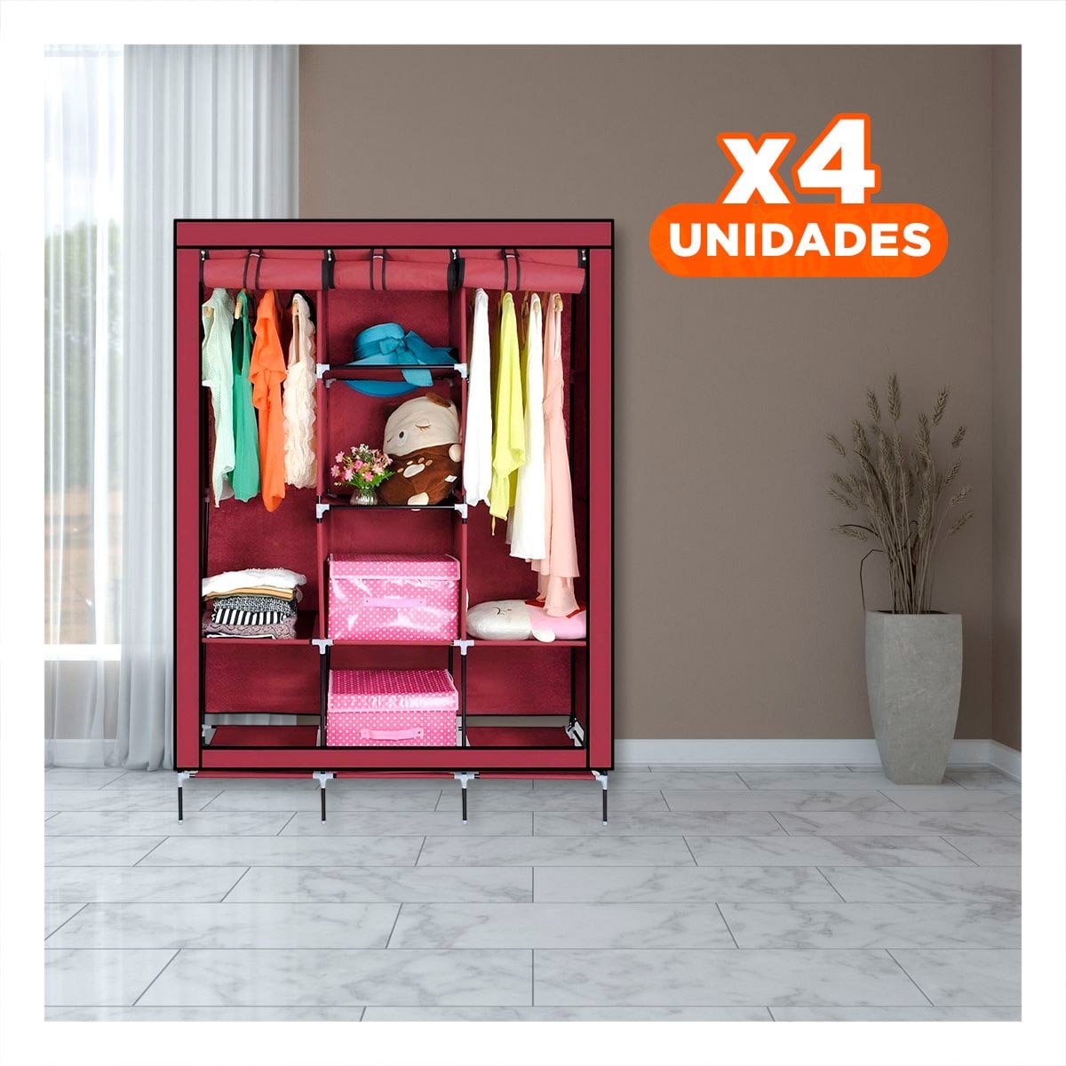 PACK4 ORGANIZADOR LIGERO DE ROPA EN TELA CON SOPORTE METALICO GUINDA Y+PAPEL REGALO - 1