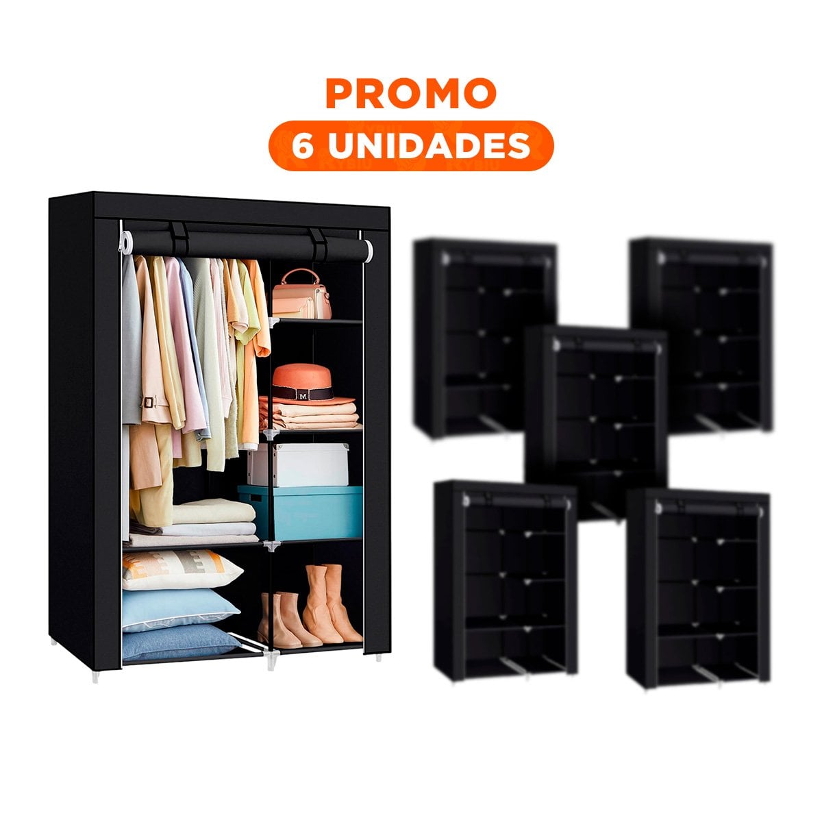 PACK6 ORGANIZADOR DE TELA CON ESTRUCTURA DE METAL 105X45X168CM NEGRO Y+REGALO STICKER - 1