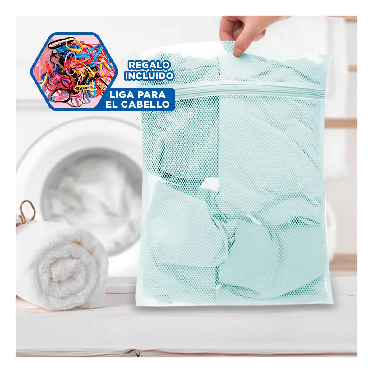 BOLSA MALLA LAVADORA ROPA DISENO RECTANGULAR 40X30CM CELESTE RESISTENTE Y+LIGAS REGALO - 2
