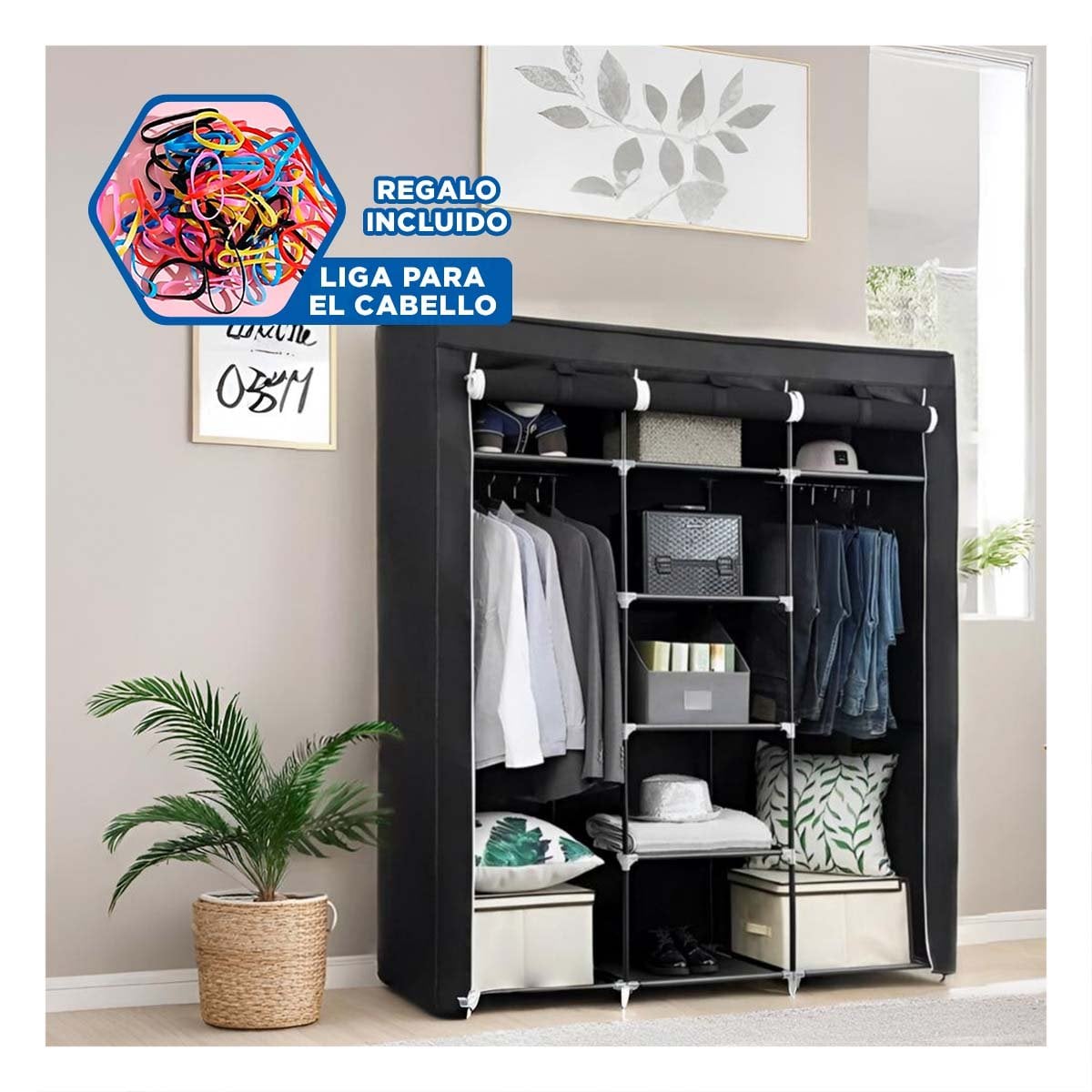 CLOSET LIGERO TEXTIL CON BASE METALICA FIRME NEGRO PARA CASA 175X45X130CM Y+LIGAS REGALO - 2