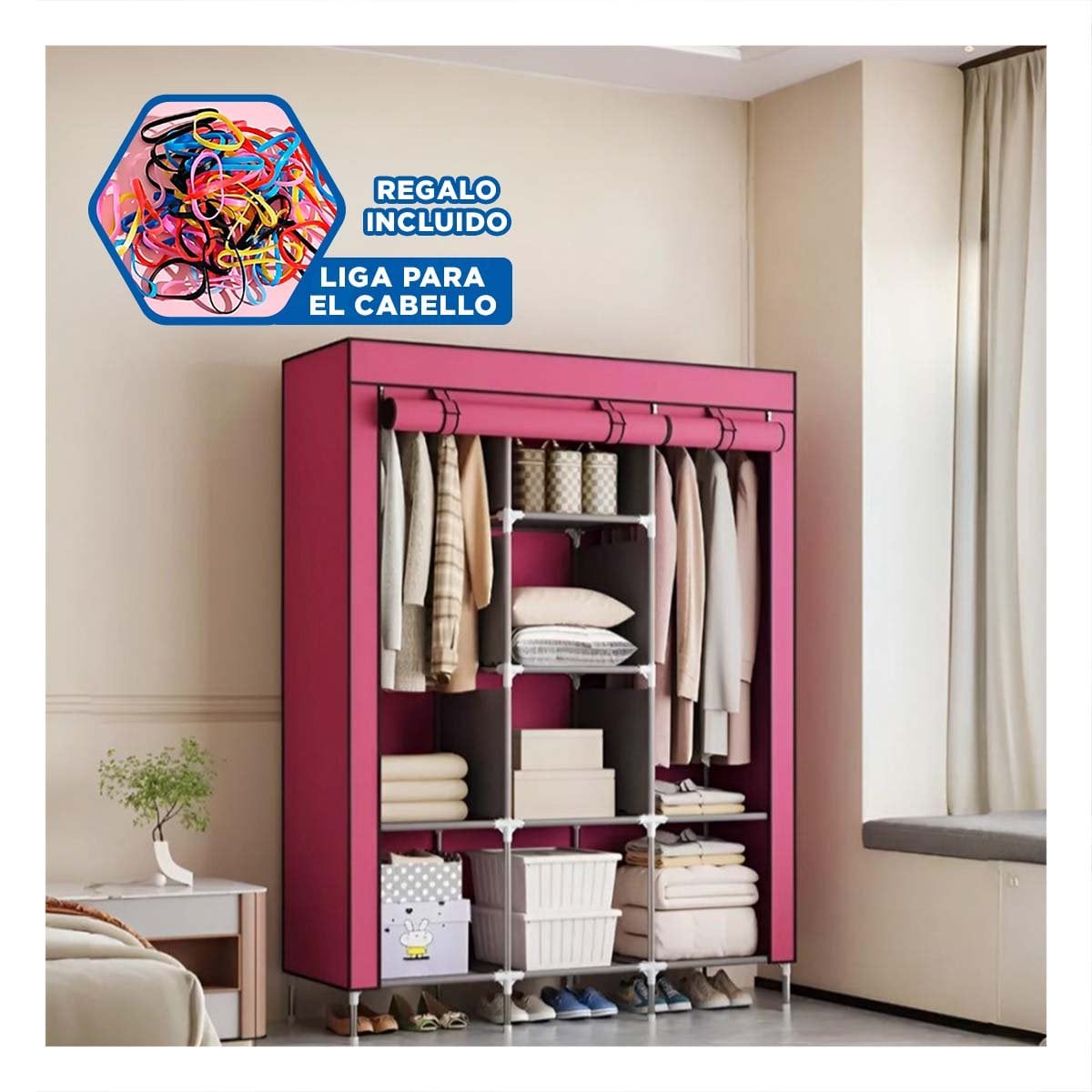 CLOSET LIGERO TEXTIL CON BASE METALICA FIRME GUINDA PARA CASA 175X45X130CM Y+LIGAS REGALO - 2