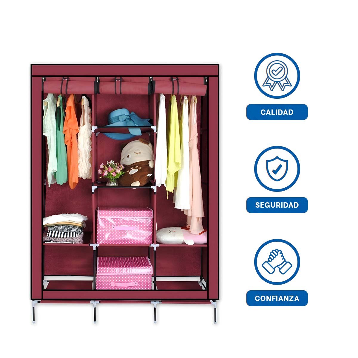 CLOSET LIGERO TEXTIL CON BASE METALICA FIRME GUINDA PARA CASA 175X45X130CM Y+LIGAS REGALO - 5
