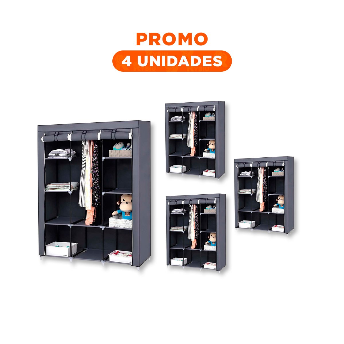 PACK4 ORGANIZADOR FUNCIONAL DE ROPA EN TELA CON BASE METALICA PLOMO 175X45X130CM - 1