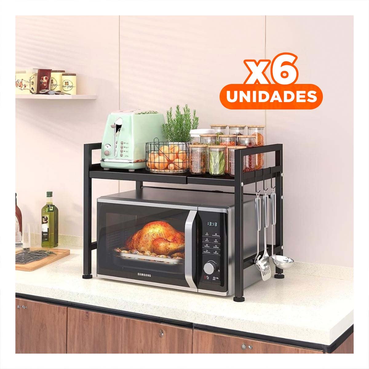 PACK6 ESTANTERIA ORGANIZADOR DE MICROONDAS CON ASAS 48X26X49CM NEGRO COCINA PRO - 1