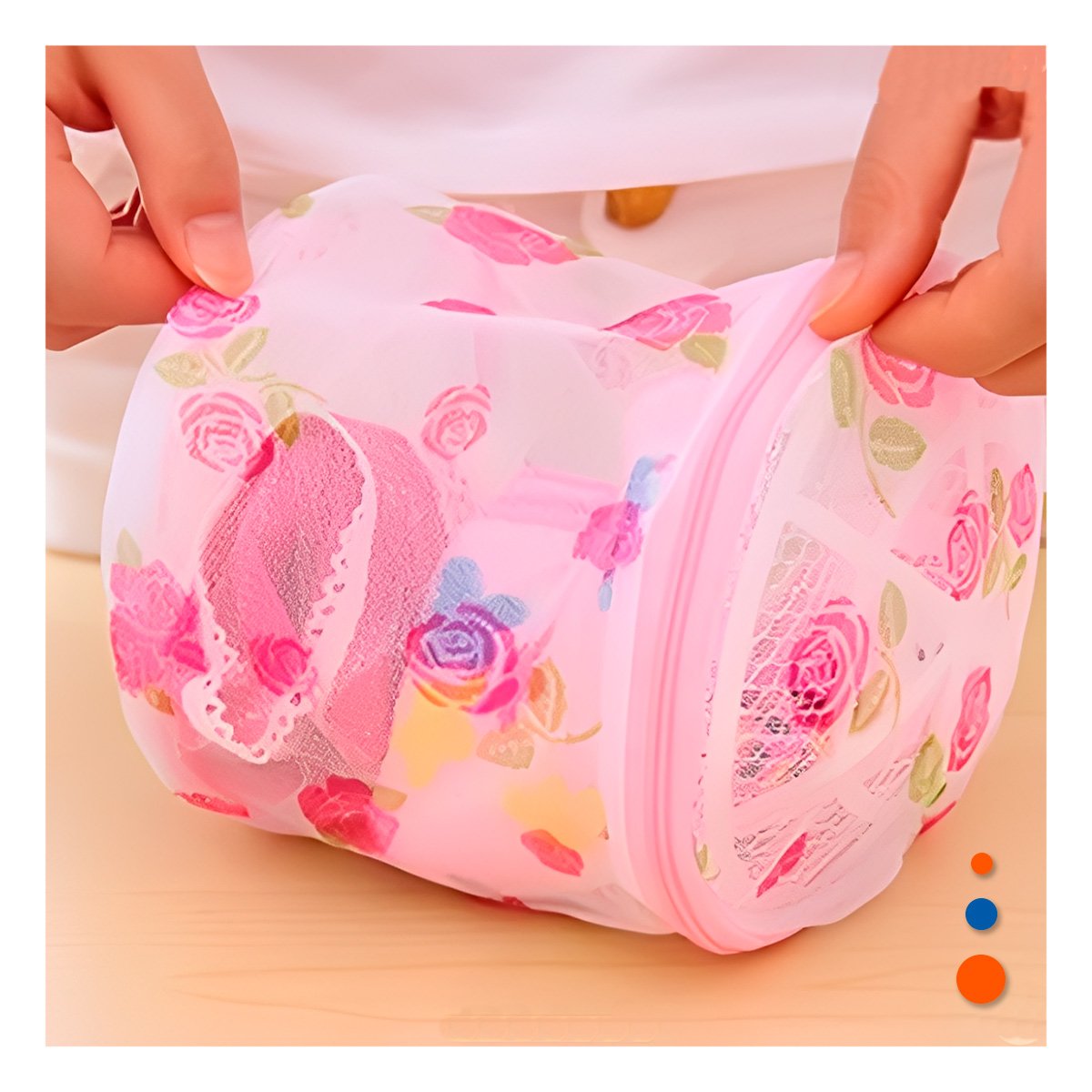 PACK6 BOLSO MALLA LAVADO ROPA FORMA CILINDRO COLOR BLANCO DETALLE ROSAS - 2