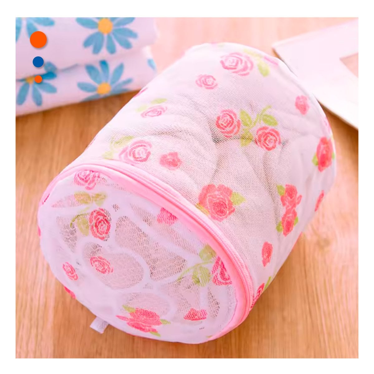 PACK6 BOLSO MALLA LAVADO ROPA FORMA CILINDRO COLOR BLANCO DETALLE ROSAS - 5