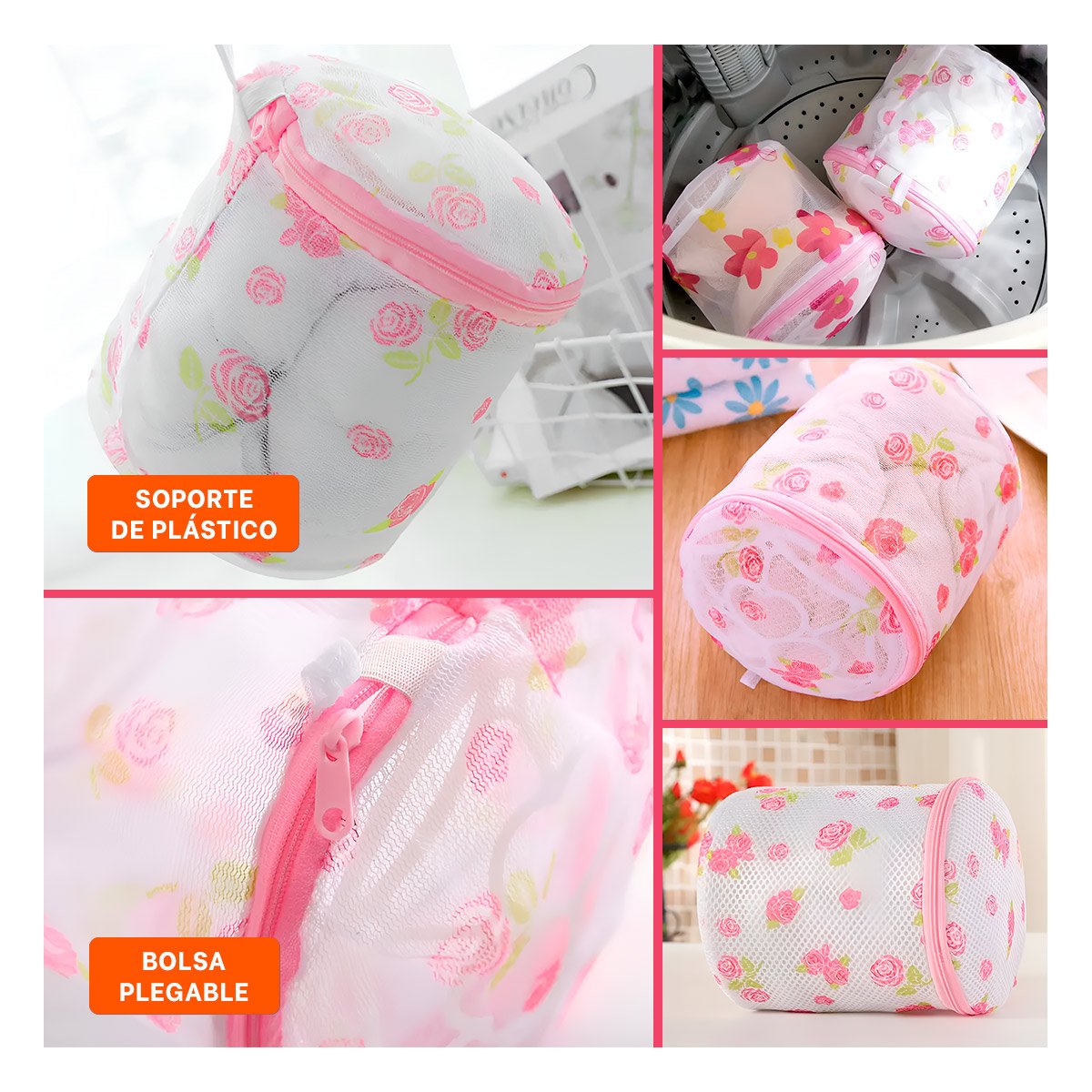 PACK2 ESTUCHE MALLA LAVADO ROPA FORMA CILINDRO BLANCO CON FLORES FINO DIARIO Y+PAPEL REGALO - 3