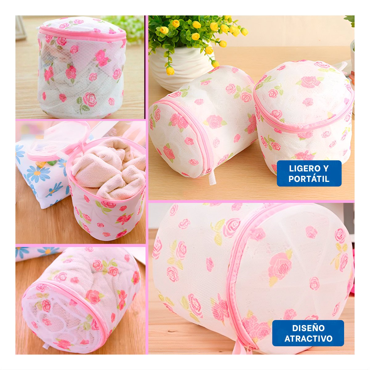 BOLSA MALLA PARA LAVAR ROPA DISENO CILINDRO BLANCO CON ROSAS SUAVE PLUS - 2