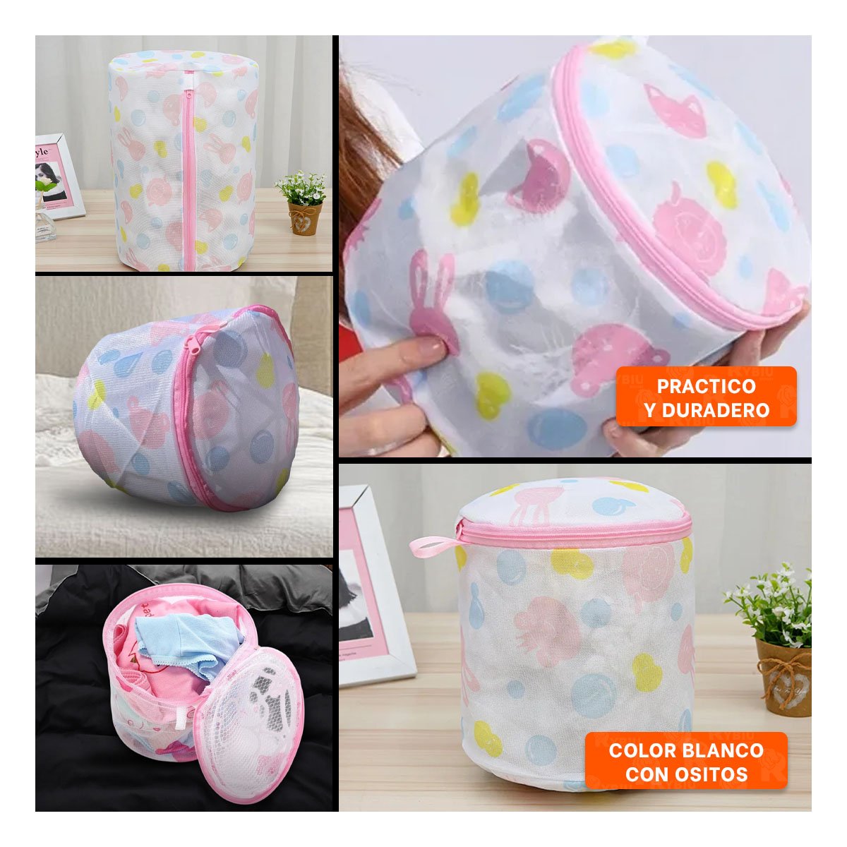 BOLSA MALLA LAVADO ROPA FORMA CILINDRO BLANCO CON OSITOS FINO USO DIARIO Y+PAPEL REGALO - 3